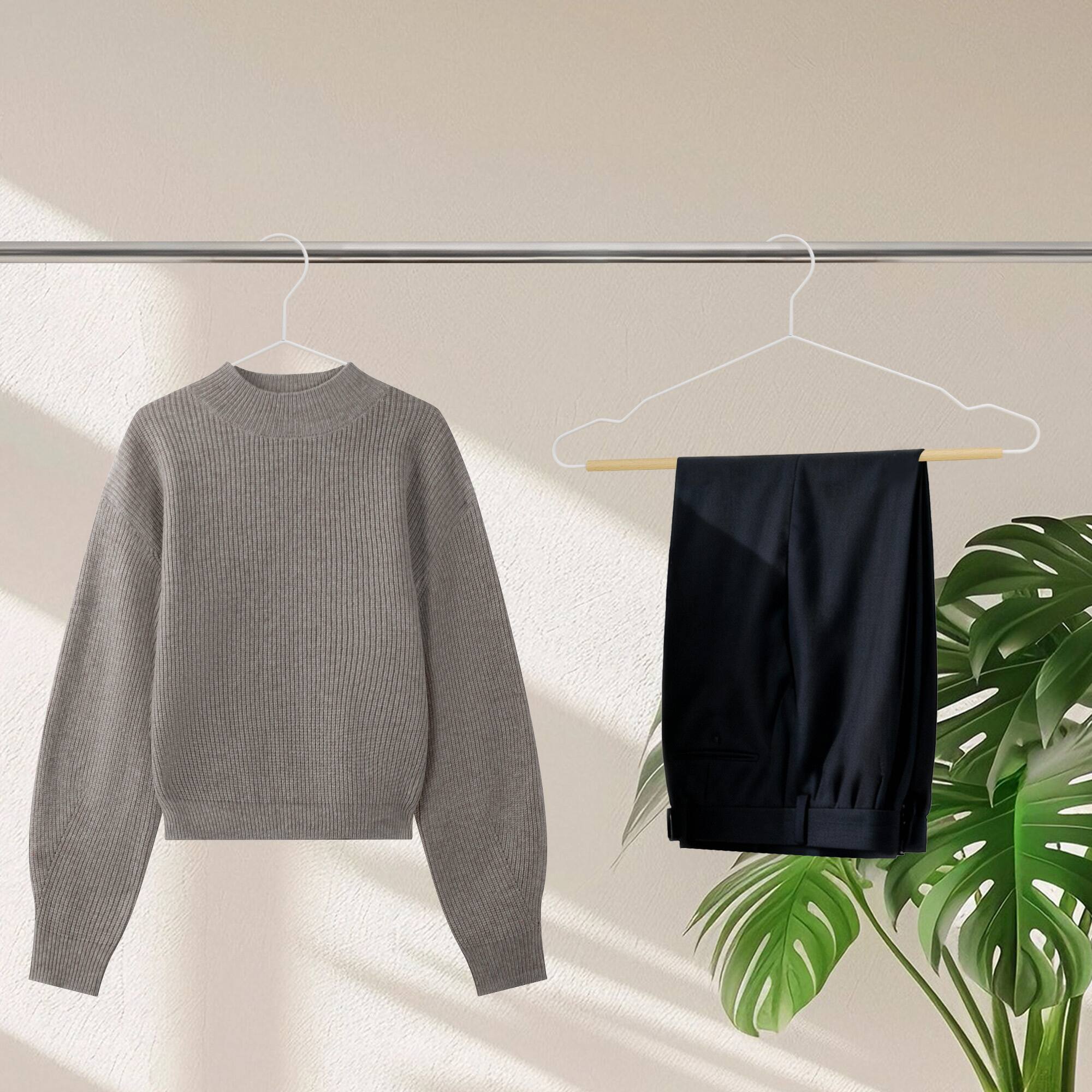 Alt View 1. BP4U - 24-Pack Metal Clothes Hangers with Wooden Pants Bar, Wire Sweaters, Jackets Hangers with Beech Wood Trouser Bar(White) - White/Natural.
