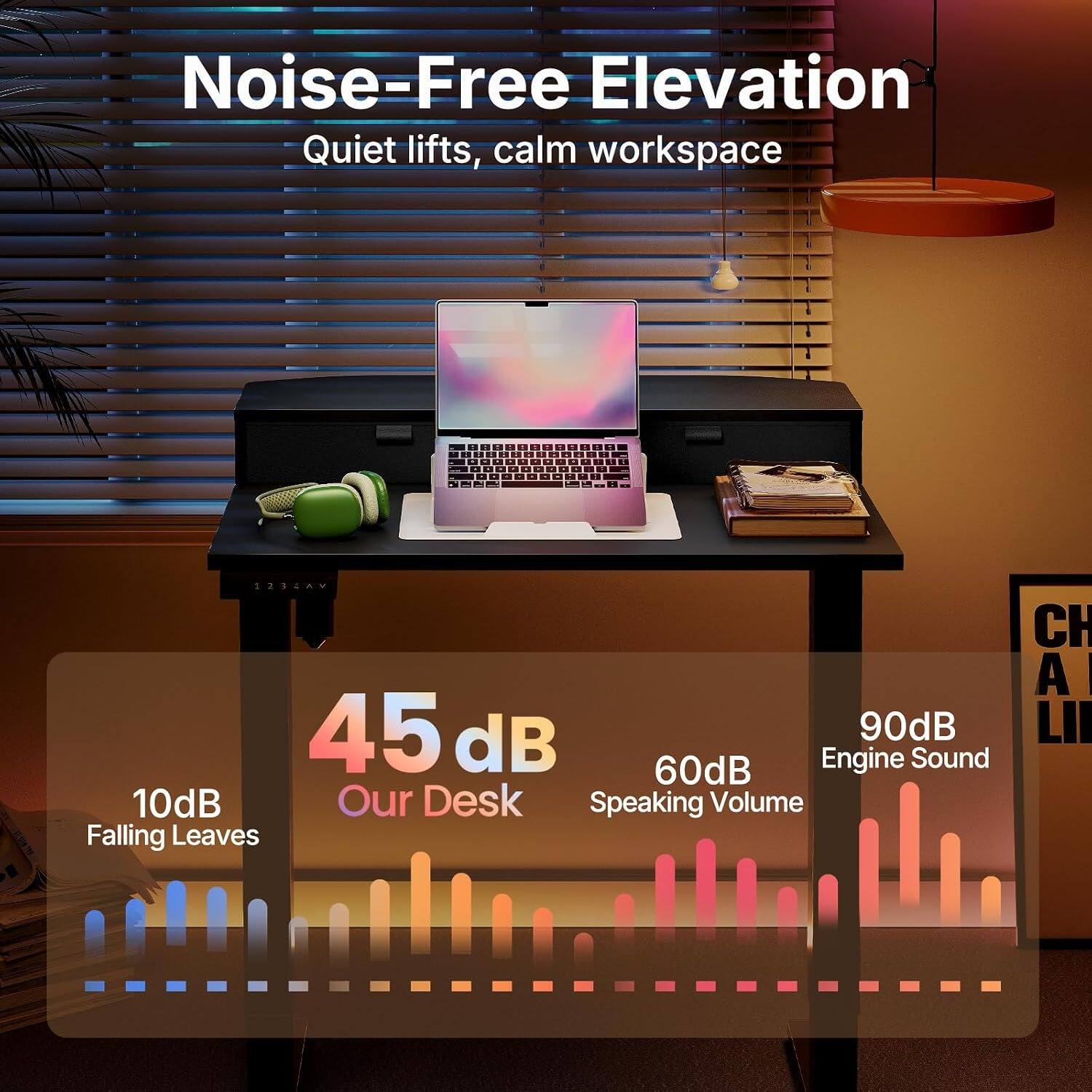 Noise-Free Elevation  
Quiet lifts, calm workspace  

45 dB  
Our Desk  

10 dB  
Falling Leaves  

60 dB  
Speaking Volume  

90 dB  
Engine Sound