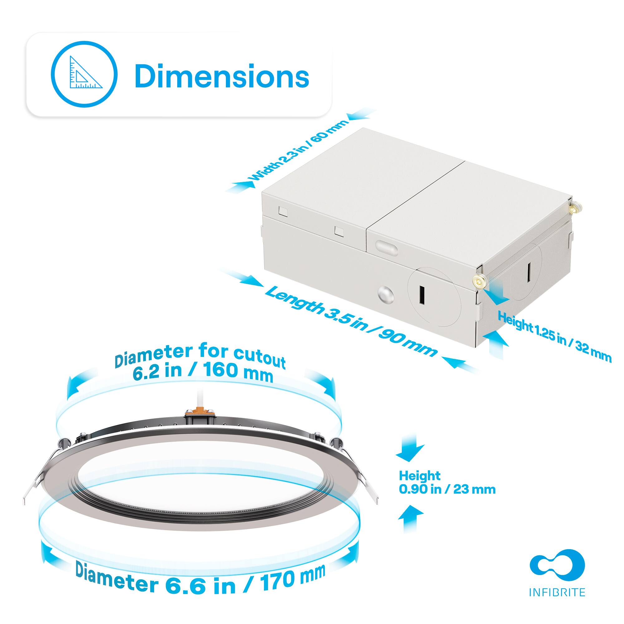 Dimensions

- Width: 23 in / 60 mm
- Length: 3.5 in / 90 mm
- Height: 1.25 in / 32 mm

Diameter for cutout: 6.2 in / 160 mm

Diameter: 6.6 in / 170 mm

Height: 0.90 in / 23 mm

INFIBRITE
