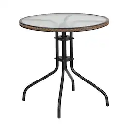 Emma + Oliver - 28" Round Tempered Glass Metal Table with Rattan Edging - Clear Top/Dark Brown Frame