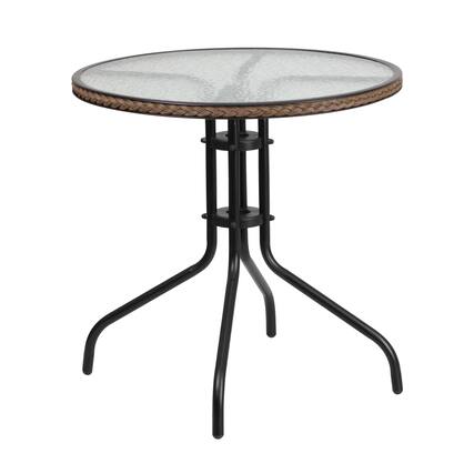 Front. Emma + Oliver - 28" Round Tempered Glass Metal Table with Rattan Edging - Clear Top/Dark Brown Frame.