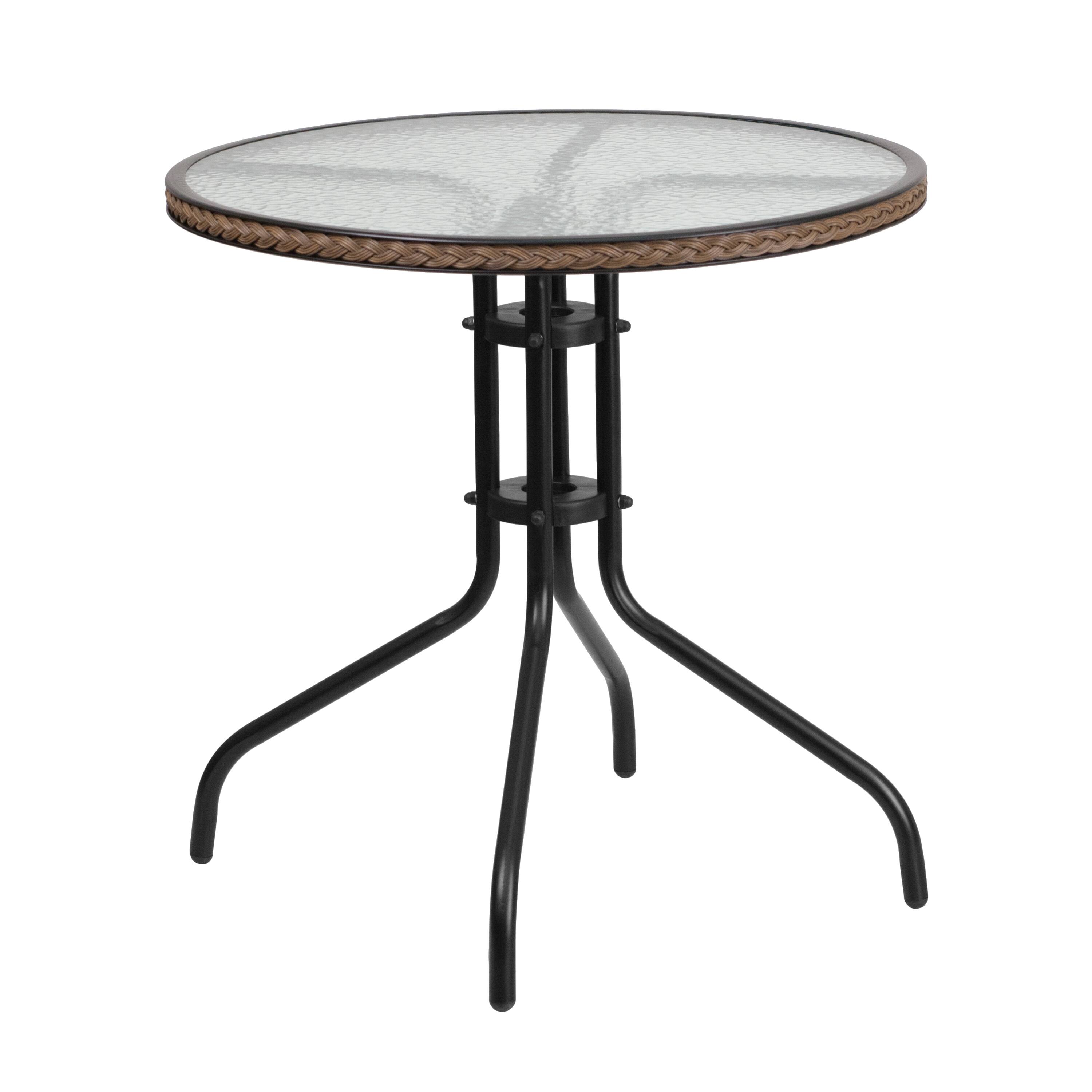 Emma + Oliver - 28" Round Tempered Glass Metal Table with Rattan Edging - Clear Top/Dark Brown Frame