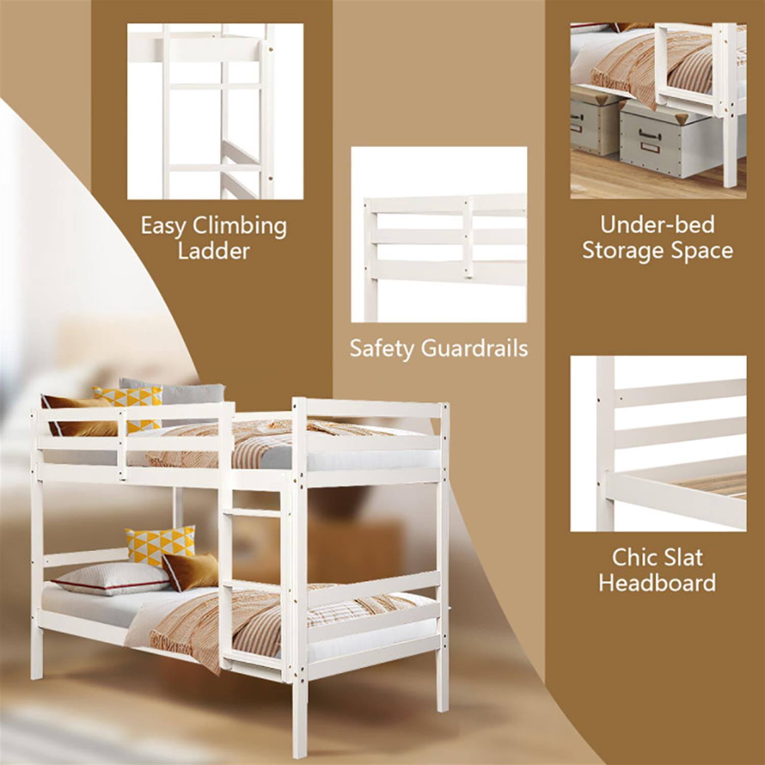 Easy Climbing Ladder  
Safety Guardrails  
Under-bed Storage Space  
Chic Slat Headboard