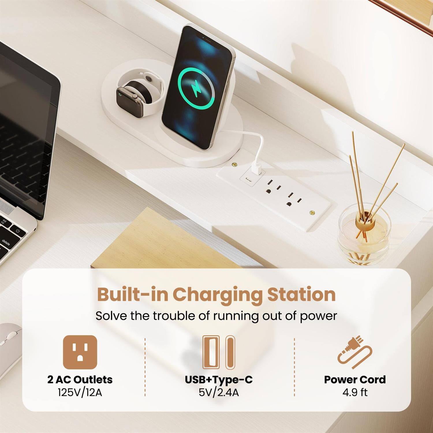 Built-in Charging Station  
Solve the trouble of running out of power  

2 AC Outlets  
125V/12A  

USB+Type-C  
5V/2.4A  

Power Cord  
4.9 ft