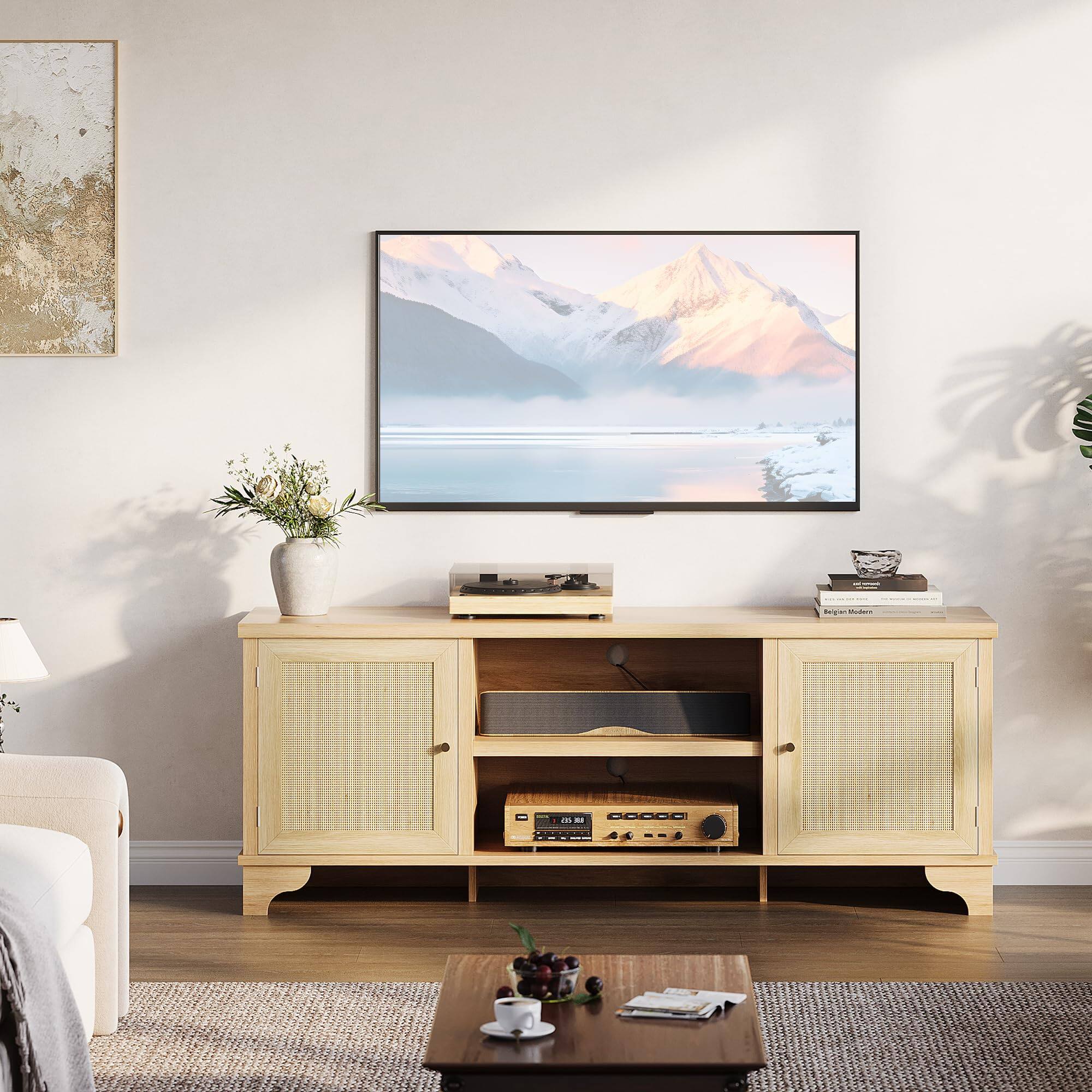 Alt View 5. GAOMON - GAOMON 61.8" Rattan TV Stand for TVs Up to 70 Inches, Boho Entertainment Center with Cabinets & Open Shelves - Natural.