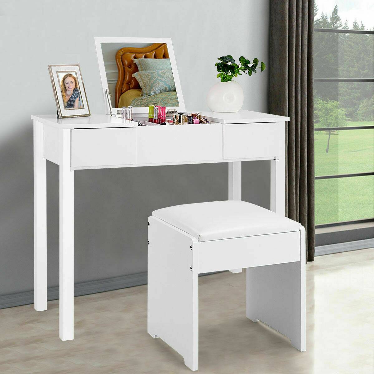 Alt View 7. Costway - Costway Vanity Dressing Table Furniture Stool Storage Box - White.