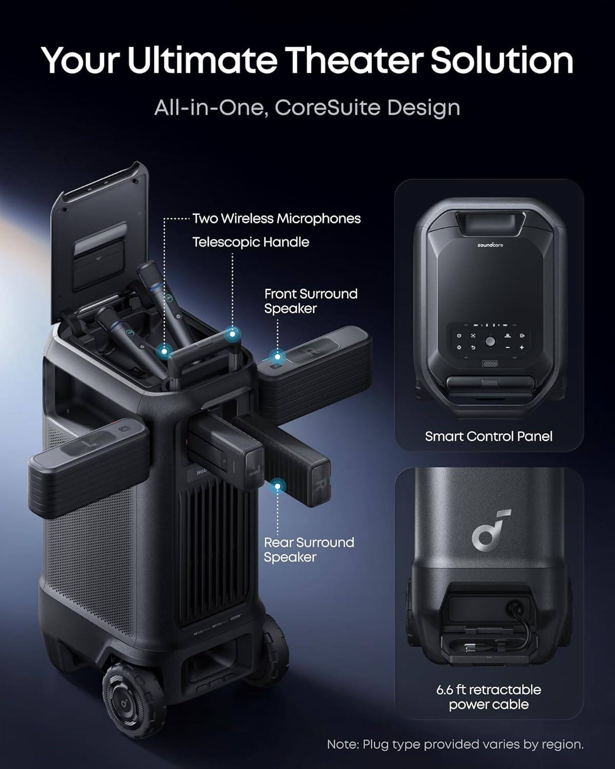 Your Ultimate Theater Solution  
All-in-One, CoreSuite Design  
- Two Wireless Microphones  
- Telescopic Handle  
- Front Surround Speaker  
- Smart Control Panel  
- Rear Surround Speaker  
- 6.6 ft retractable power cable  
Note: Plug type provided varies by region.