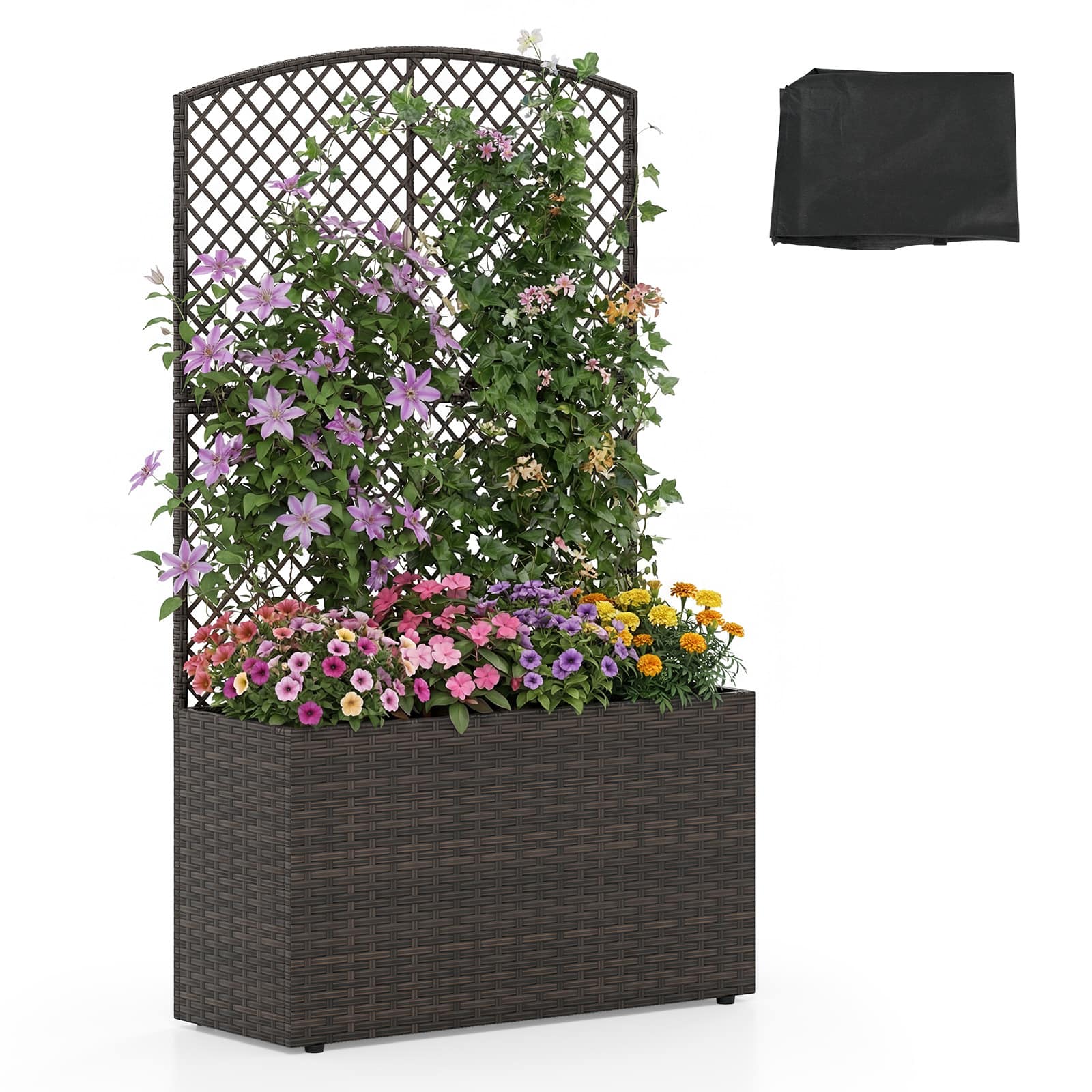 Gymax - 49'' Raised Garden Bed w/ Trellis Wicker Planter Box w/ Privacy Screen - Brown