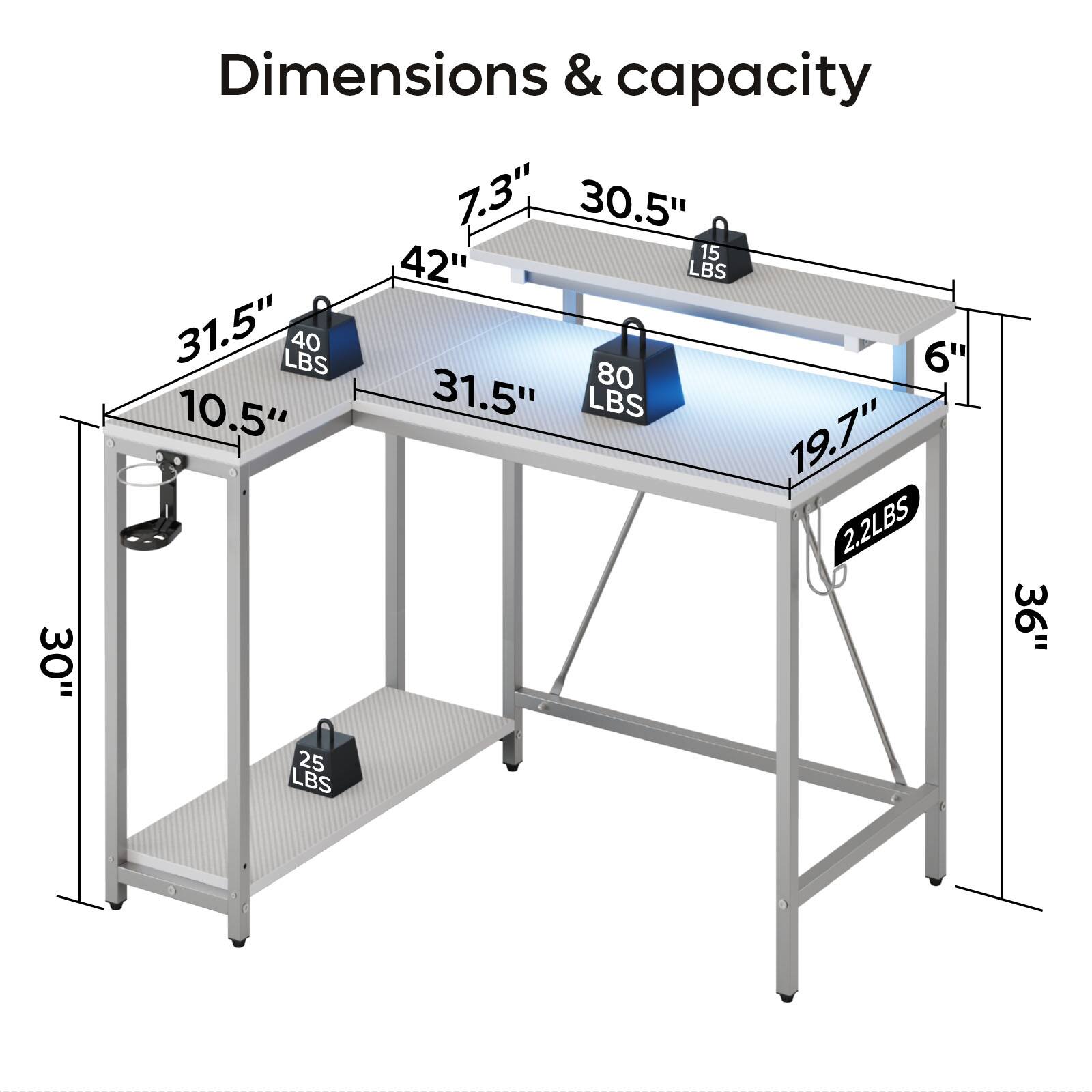 Dimensions & capacity: 7.3" x 30.5" x 15" (42 lbs), 31.5" x 40" x 6" (80 lbs), 31.5" x 31.5" x 10.5" (31.5 lbs), 19.7" x 2.2 lbs, 36" x 25 lbs.