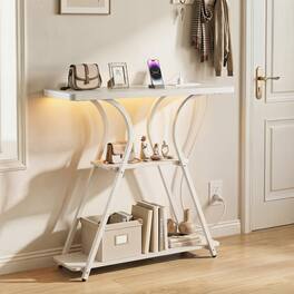 Costway - 32" Console Table with Power Outlets & LED Lights, Storage Shelves & Metal Frame - Oak + White