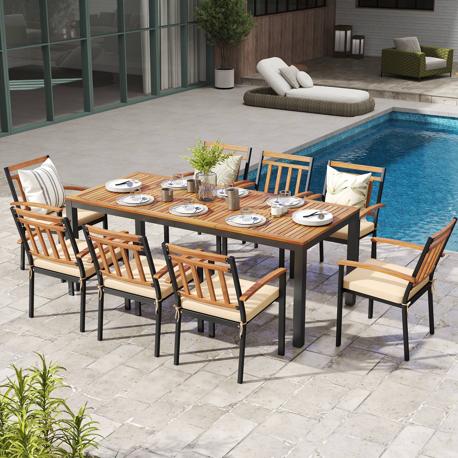 Alt View 4. Gymax - Gymax Patio Dining Table for 8 79'' Large Rectangle Table w/ Acacia Wood Tabletop - Natural, Black.