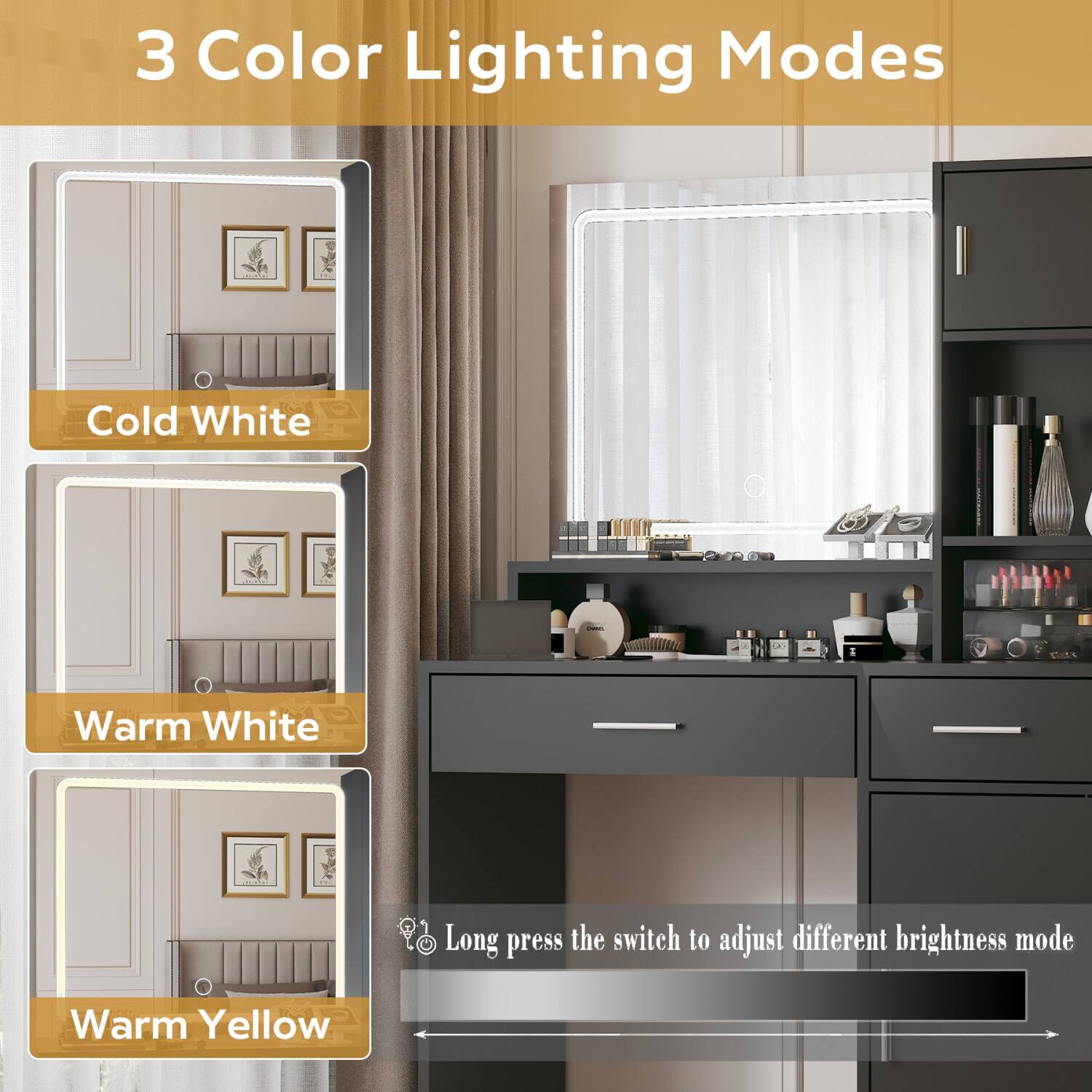 3 Color Lighting Modes

- Cold White
- Warm White
- Warm Yellow

Long press the switch to adjust different brightness mode