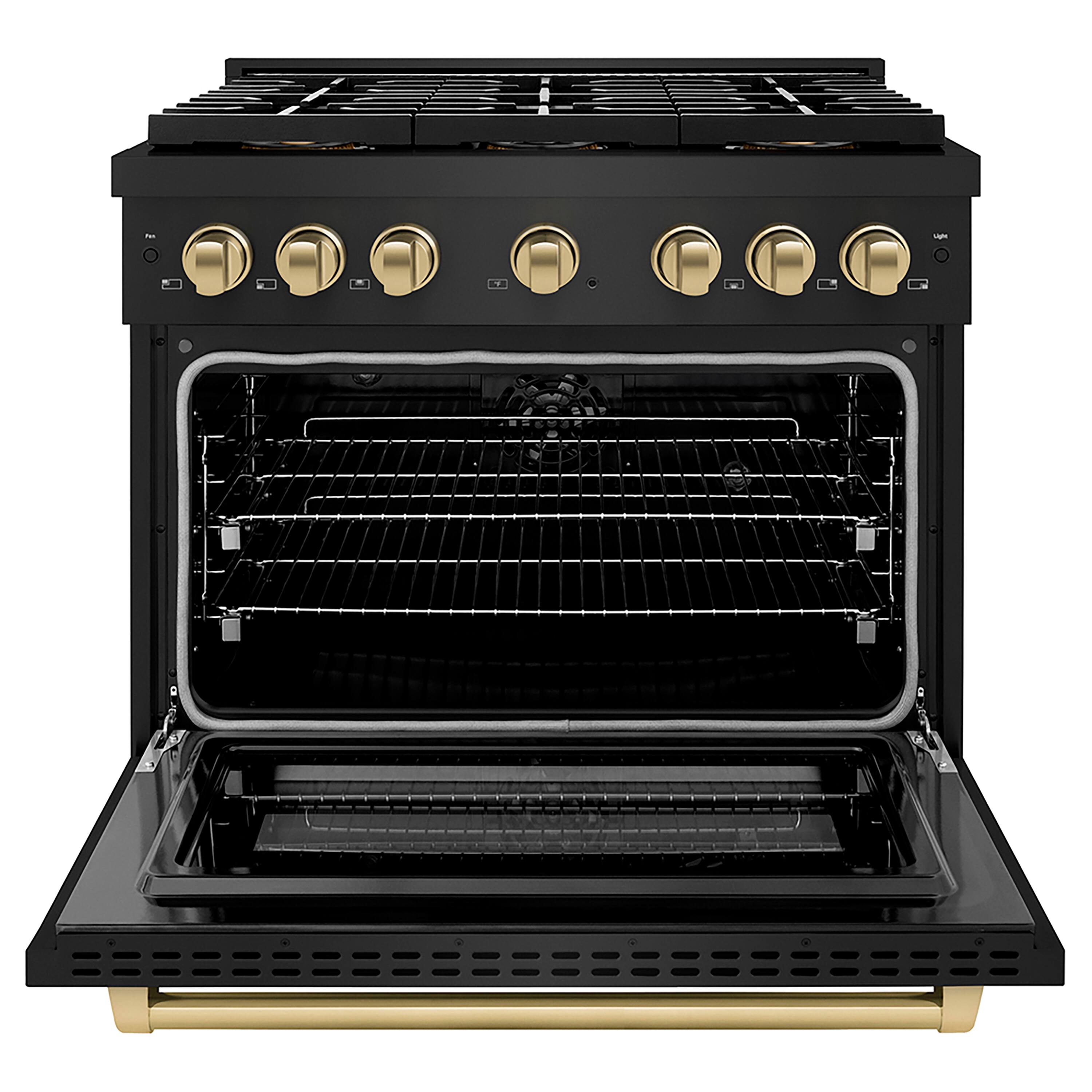 Angle. ZLINE - ZLINE Autograph 36 in. Black Stainless Paramount Dual Fuel Range w/ DuoPro Cooktop & Bronze Accents (PSDRBZ-36-CB) - Black Stainless Steel.