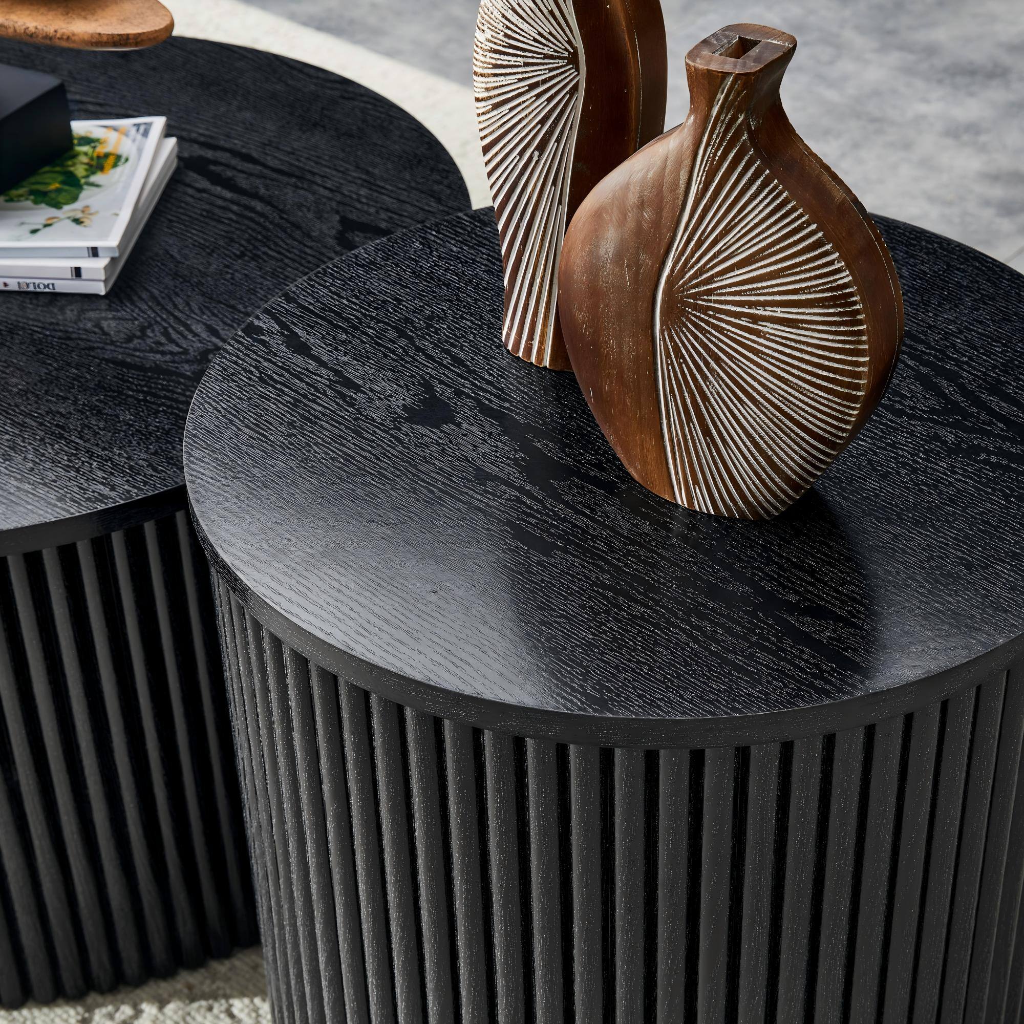 Alt View 5. Loheer - Loheer- 2.6ft Black Nesting Coffee Table Set Roman Column Round Storage Side Tables for Living Room - Black Woodgrain.