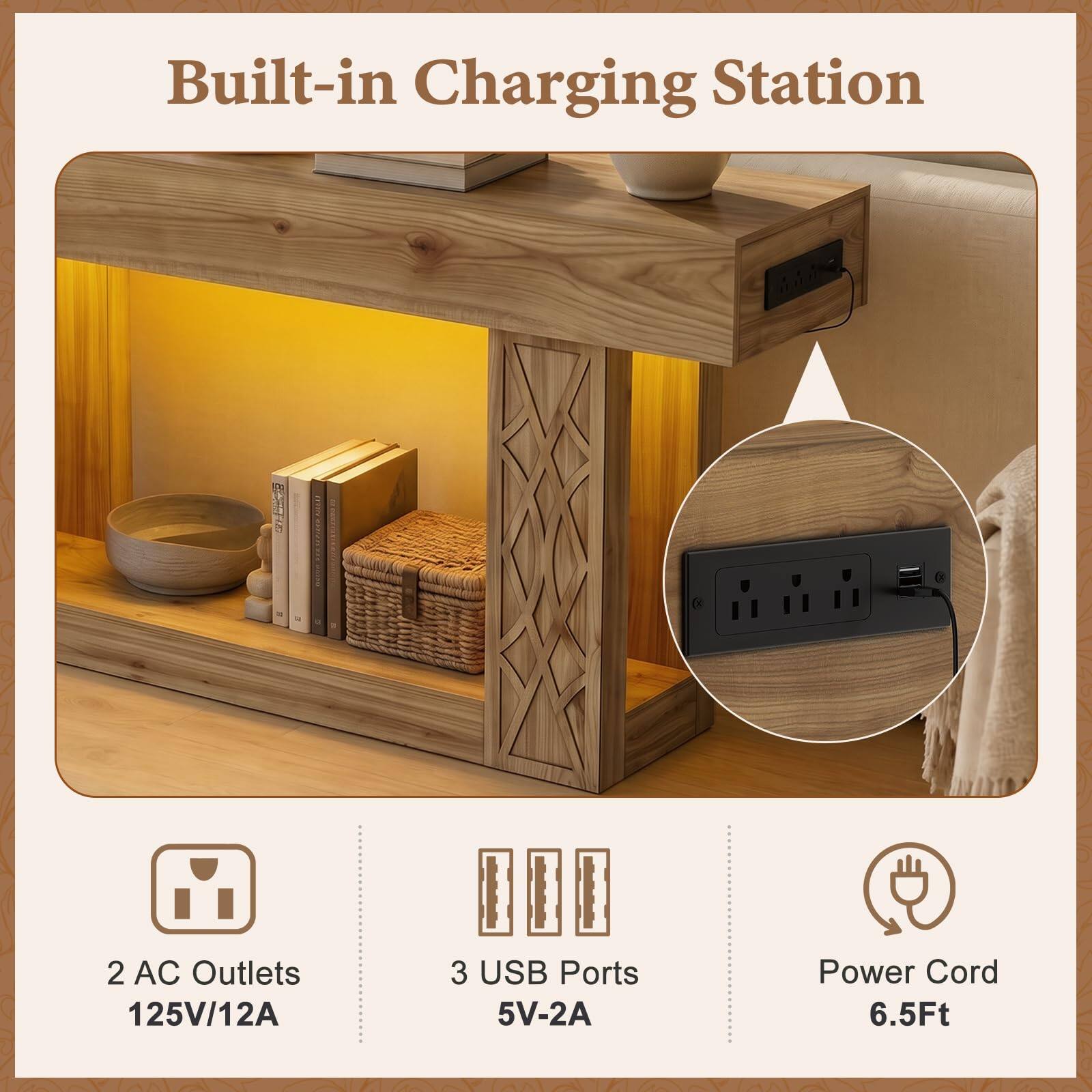 Built-in Charging Station

2 AC Outlets 125V/12A

3 USB Ports 5V-2A

Power Cord 6.5Ft