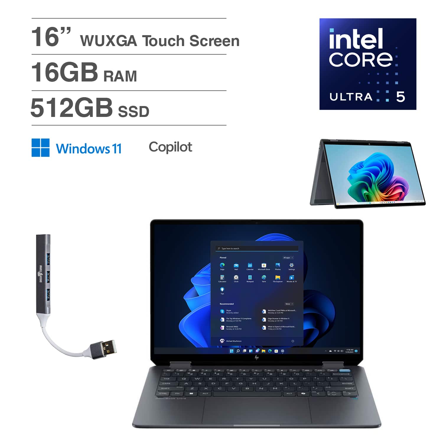 HP - OmniBook X Flip 2-in-1 Laptop 16.0 WUXGA (Intel Ultra 5-226v, 16GB RAM, 512GB SSD, Win 11 Home) w/USB Hub - Eclipse Gray