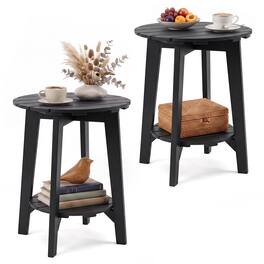 Gymax - 2PCS Outdoor Eucalyptus Wood Side Table 2-Tier End Table w/Slatted Tabletop - Black