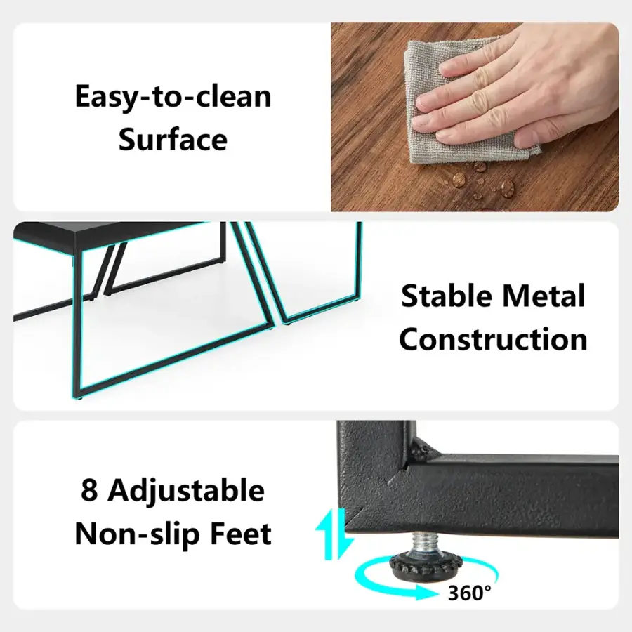 Easy-to-clean Surface Stable Metal Construction 8 Adjustable Non-slip Feet 1 360
