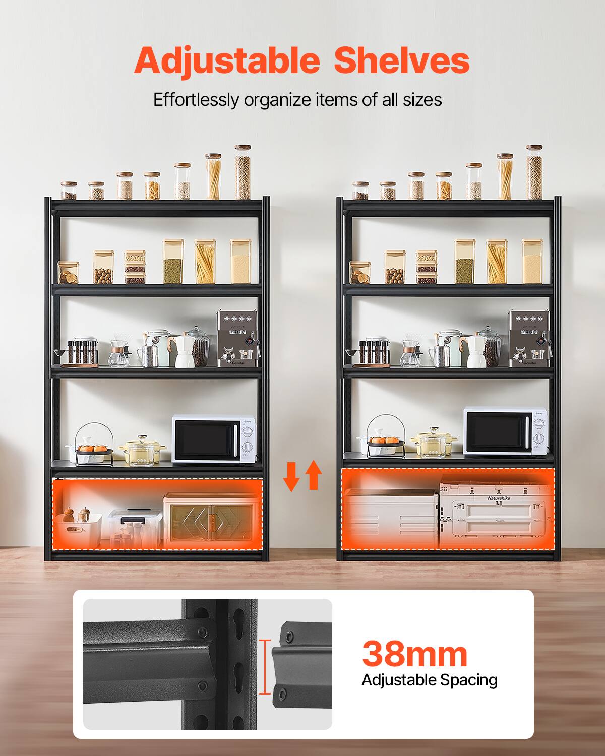 Adjustable Shelves, Effortlessly organize items of all sizes, 38mm Adjustable Spacing