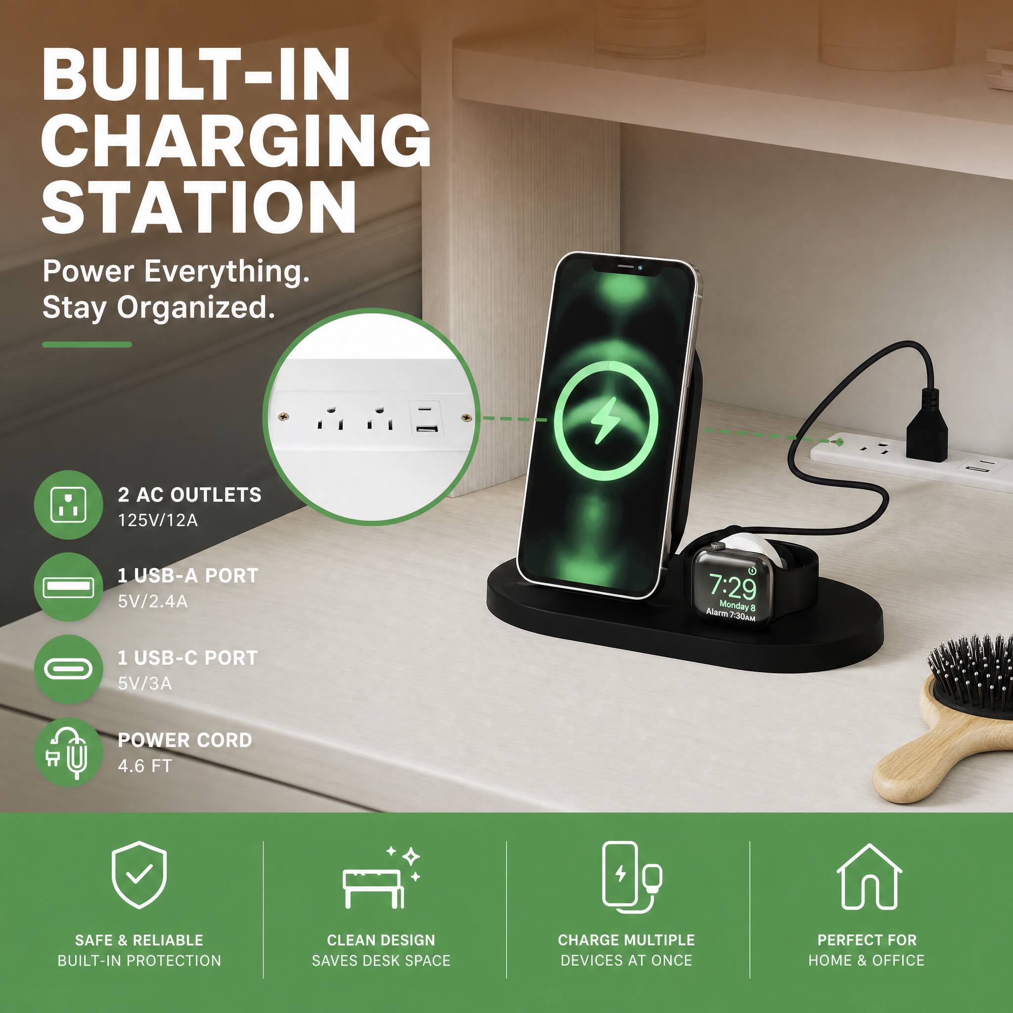 BUILT-IN CHARGING STATION  
Power Everything. Stay Organized.

2 AC OUTLETS 125V/12A  
1 USB-A PORT 5V/2.4A  
1 USB-C PORT 5V/3A  
POWER CORD 4.6 FT  
SAFE & RELIABLE BUILT-IN PROTECTION  
CLEAN DESIGN SAVES DESK SPACE  
CHARGE MULTIPLE DEVICES AT ONCE  
PERFECT FOR HOME & OFFICE