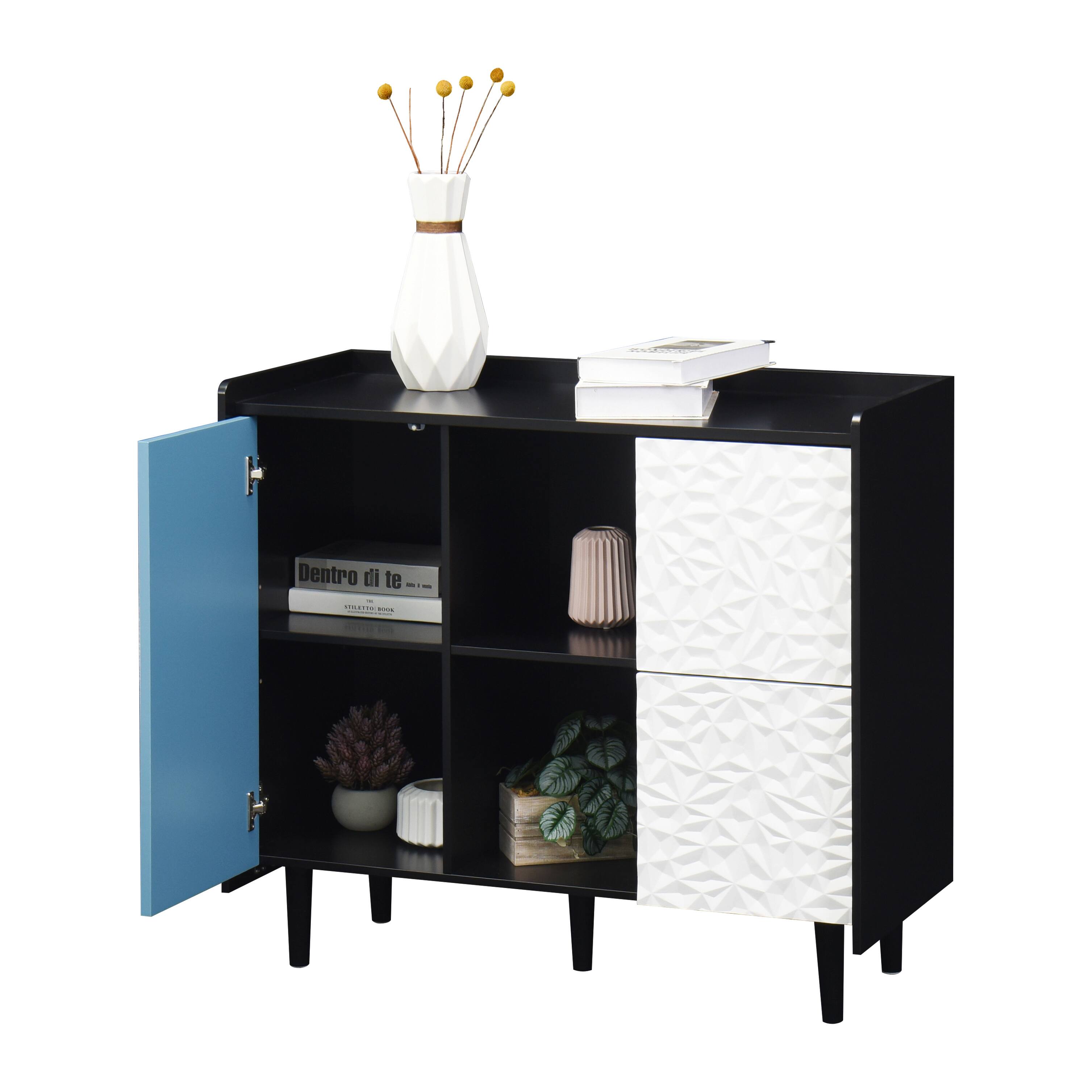 Front. Spaco - Spaco Sideboard Buffet, 2-Drawer Storage Cabinet with Open Compartments, Modern Coffee Bar for Dining Room Kitchen - Black+Blue.