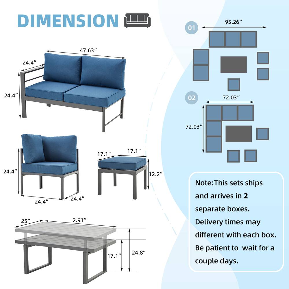 **DIMENSION**

- **01**  
  95.26" x 47.63" x 24.4" x 24.4"

- **02**  
  72.03" x 72.03" x 17.1" x 17.1" x 24.4" x 24.4" x 25" x 2.91" x 12.2"

**Note:** This set ships and arrives in 2 separate boxes. Delivery times may different with each box. Be patient to wait for a couple days.