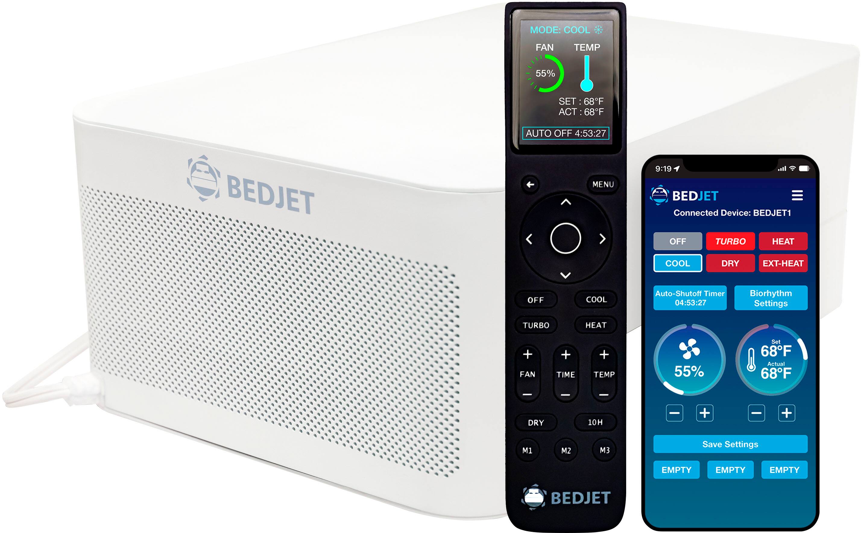 The text on the image is grouped and corrected as follows:
1. Mode: Cool Fan
Temperature: 55%
Set: 68F
Actual: 68F
Auto-Shutoff Timer: 04:53:27
BEDJET Connected Device: BEDJET1
Off
Turbo Heat
Cool
Dry
EXT-HEAT
Off
COOL
Auto-Shutoff Timer: 04:53:27
Biorhythm Settings:
TURBO HEAT + FAN + TIME + TEMP 55% Set: 68F
Actual: 68F
- DRY 10H
+ M1
+ M2
+ M3
Save Settings:
EMPTY
EMPTY
EMPTY
BEDJET