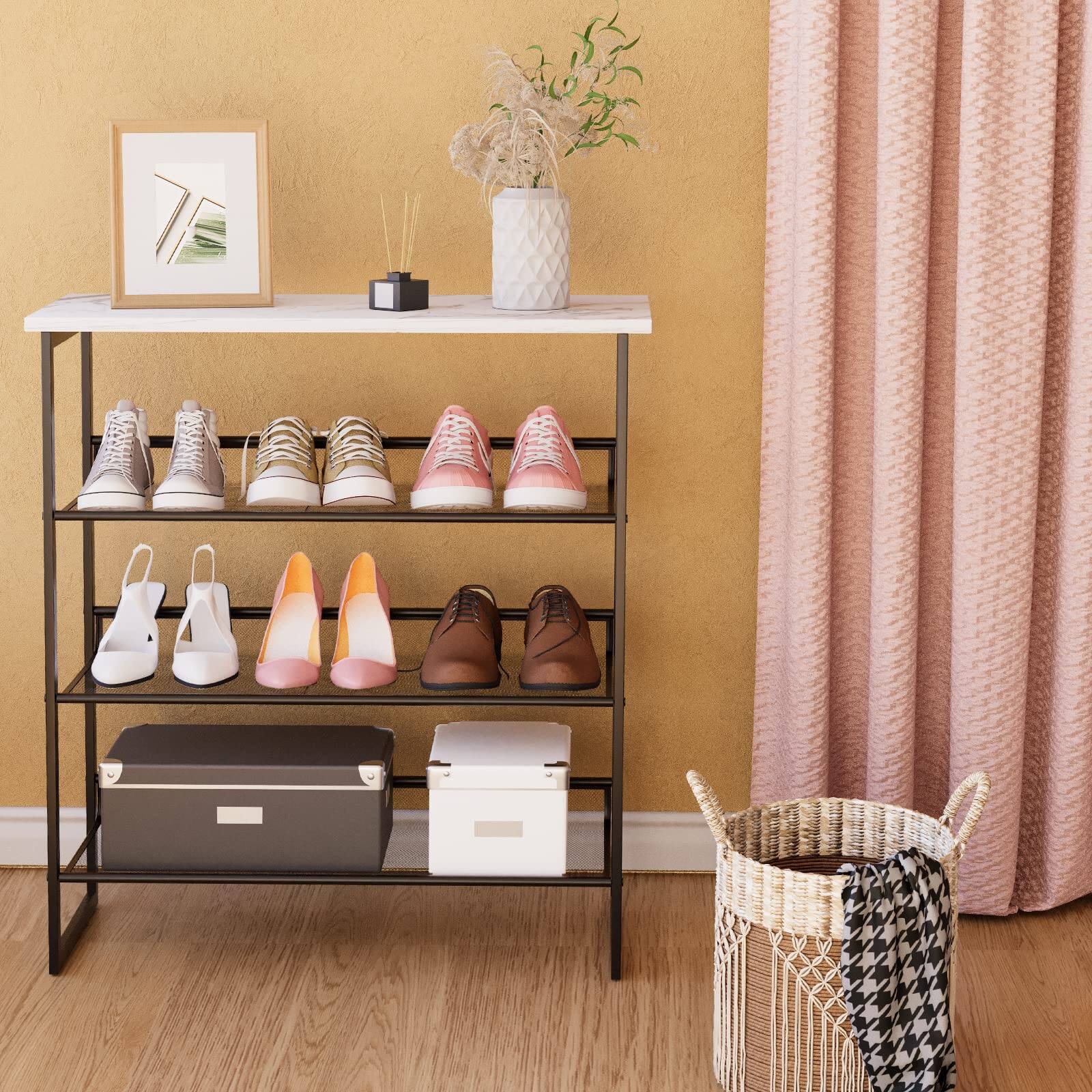 Alt View 7. Hanke - Shoe Rack Freestanding Organizer Multi-purpose Adjustable Flat And Slant Storage Shelf High Heels Potted - Marble White 3-Tiers.