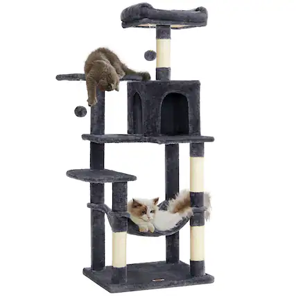 Front. Songmics Home - Cat Tree, 54.2-Inch Cat Tower, Plush Multi-Level Condo with 4 Scratching Posts, 2 Perches, Hammock, Cave - Smoky Gray.