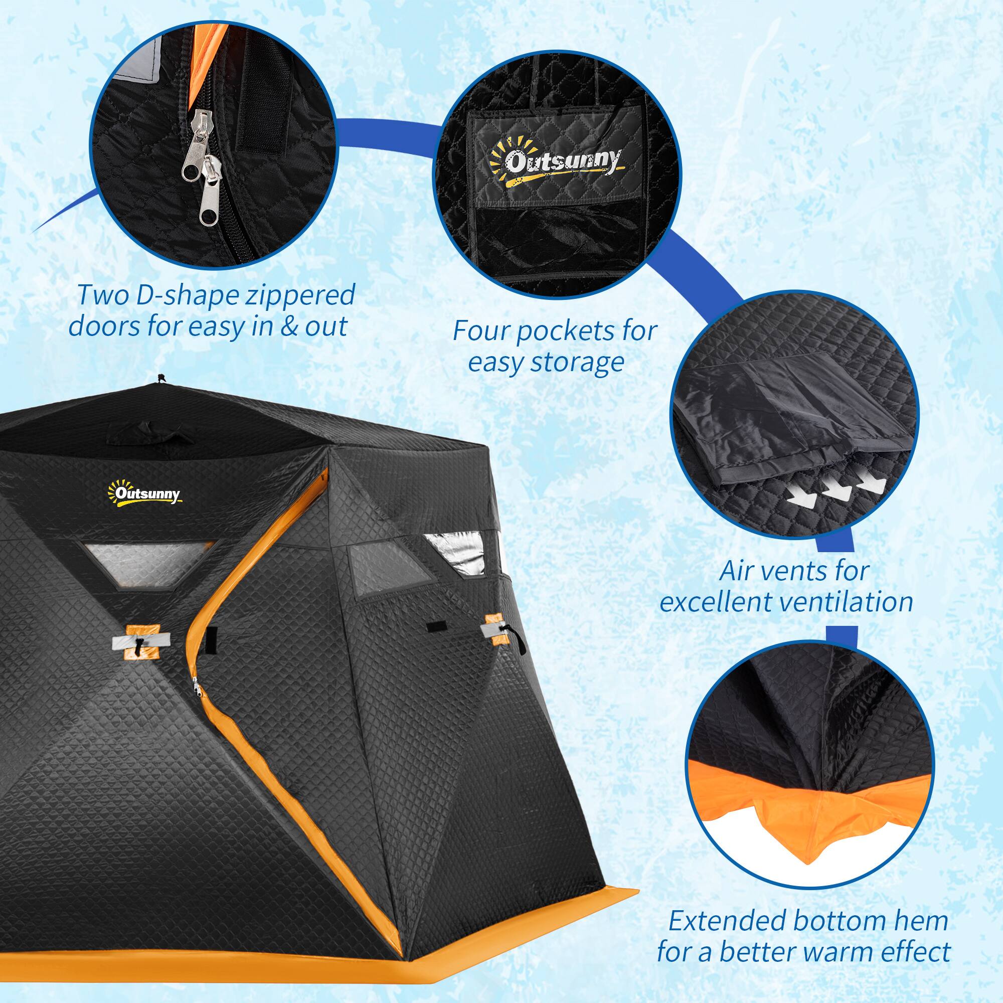 Outsunny

Two D-shape zippered doors for easy in & out

Four pockets for easy storage

Air vents for excellent ventilation

Extended bottom hem for a better warm effect