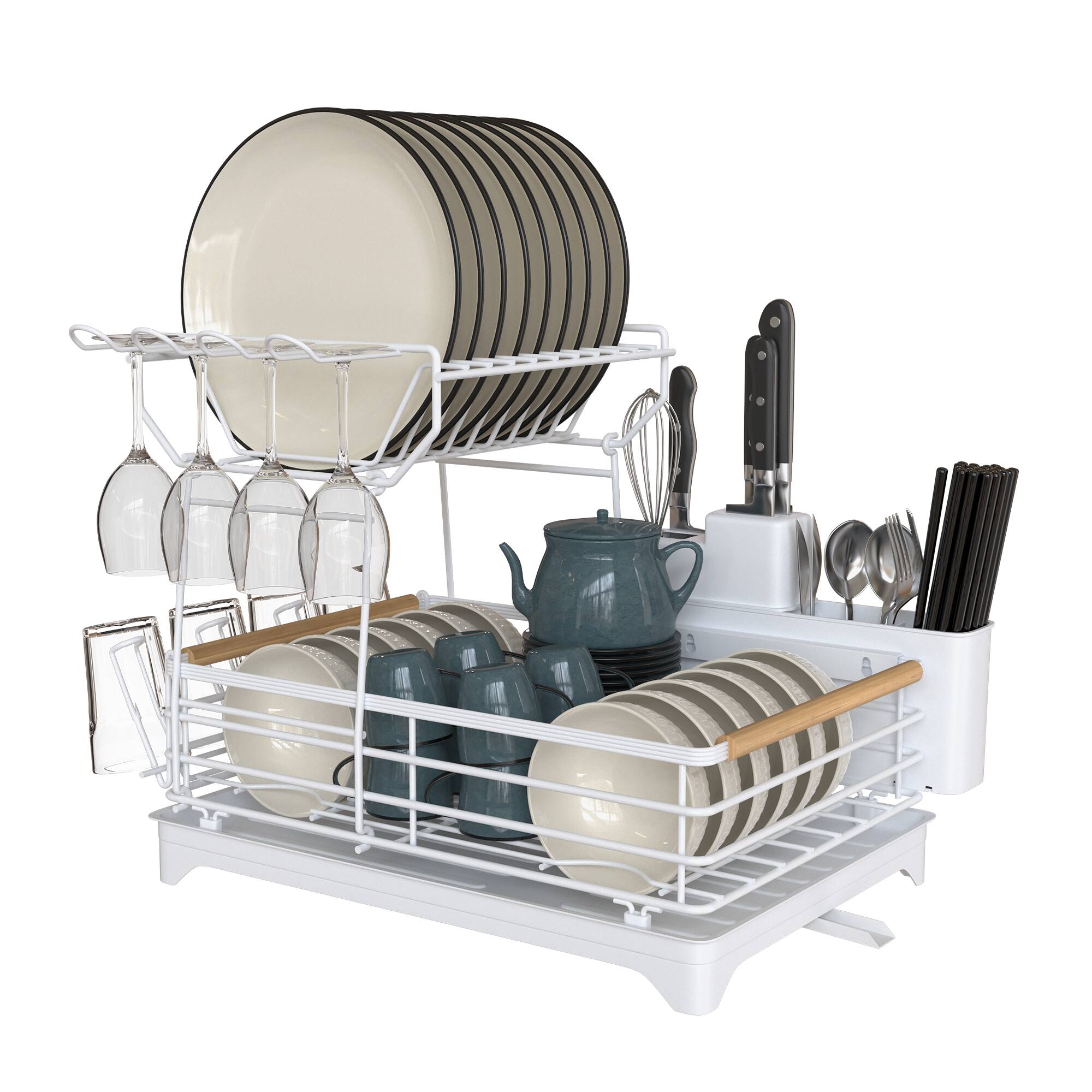 Front. Malletson - Double-layer Bamboo Dish Rack For Home Kitchen - White.