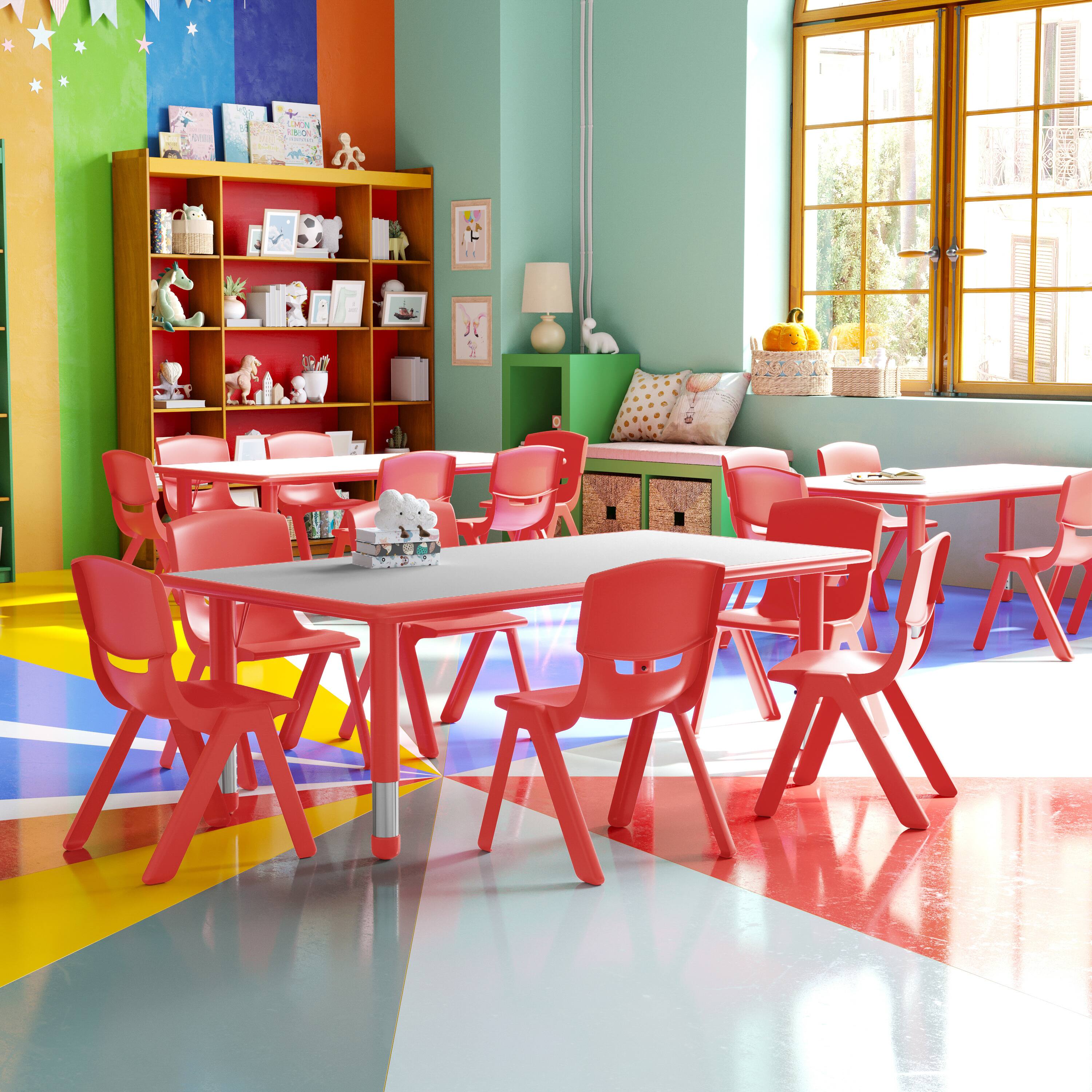 Front. Emma + Oliver - 23.625"W x 47.25"L Rectangular Plastic Height Adjustable Activity Table Set with 6 Chairs - Red.