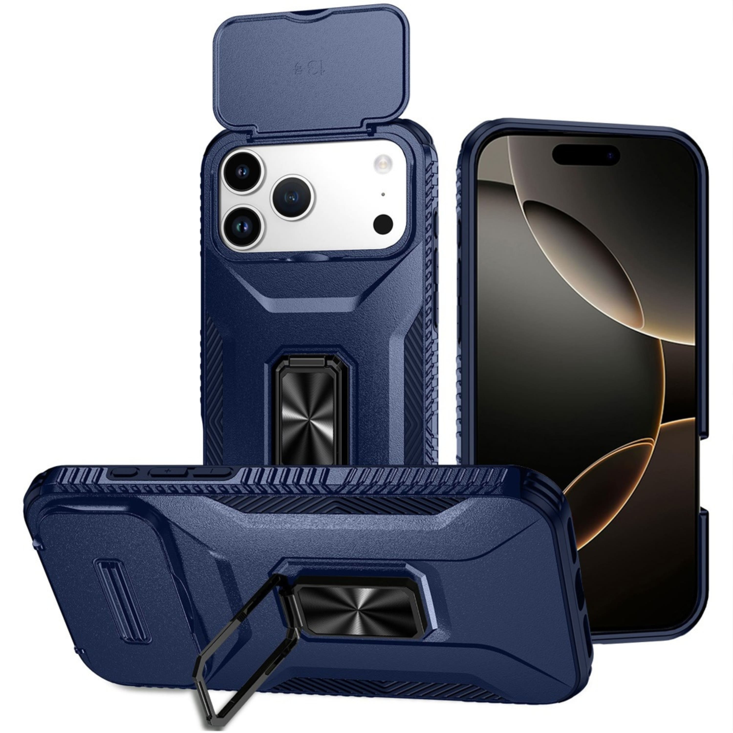 Kitcheniva - Full Coverage Metal Stand Lens Cover Phone Case With Tempered Glass For iPhone 17 Pro - Blue