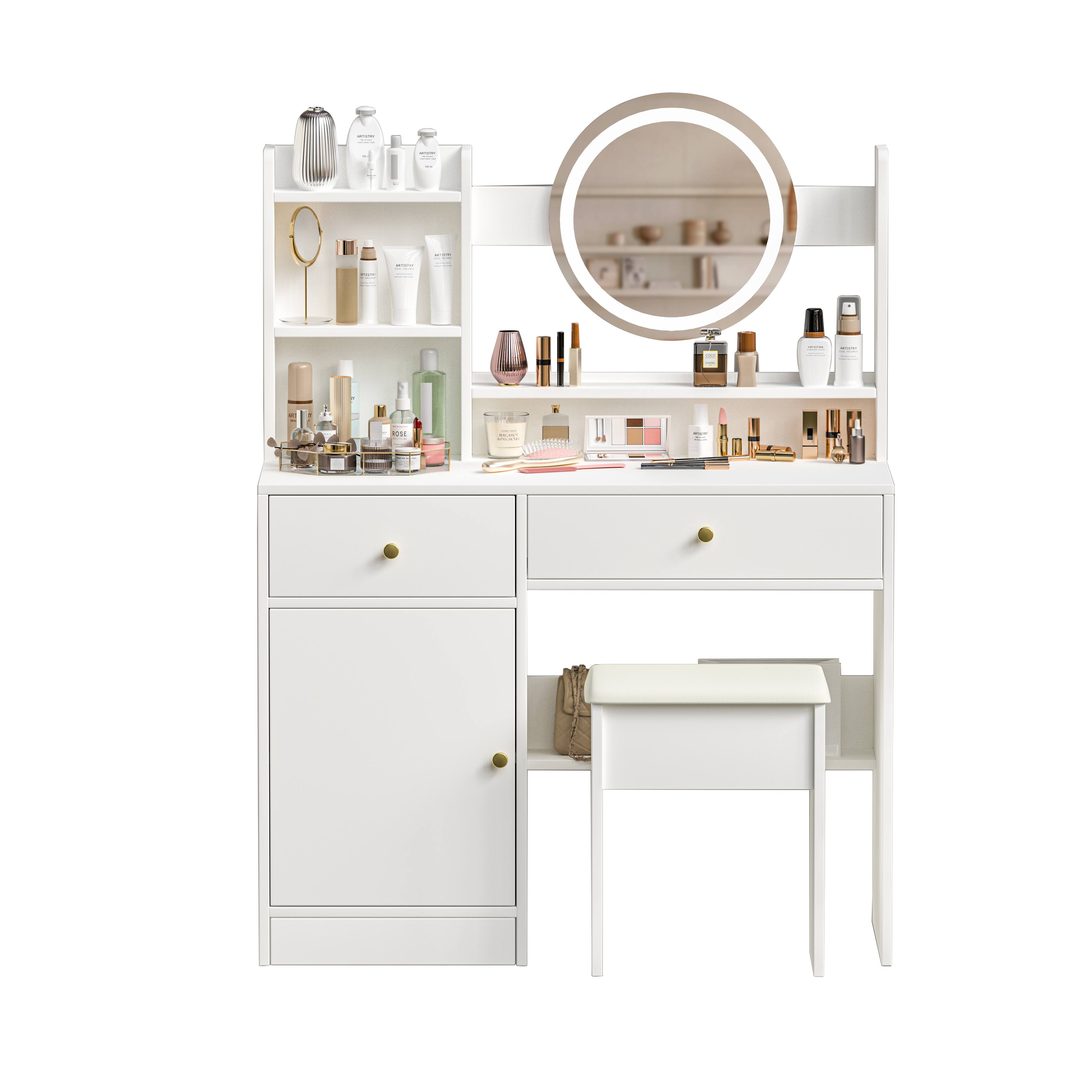 Front. Ecooso - Vanity Desk with Mirror and Lights for Makeup, Cushioned Chair, 3 Color Brightness Adjustable Dressing Table Set - White.