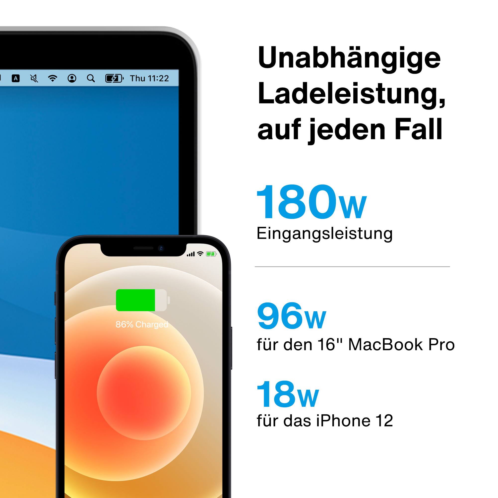 Unabhängige Ladeleistung, auf jeden Fall, 180w Eingangsleistung, 86% Charged, 96w für den 16" MacBook Pro, 18w für das iPhone 12
