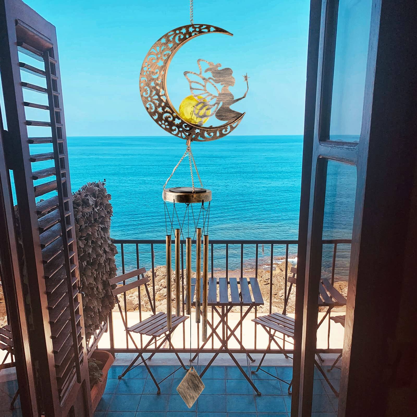 Alt View 1. Fabibe - Solar Wind Chimes Moon Fairy Hanging Outdoor Decor Crackle Glass Ball Warm Memorial Light Patio Lawn Yard Gardening - Moon Cat.