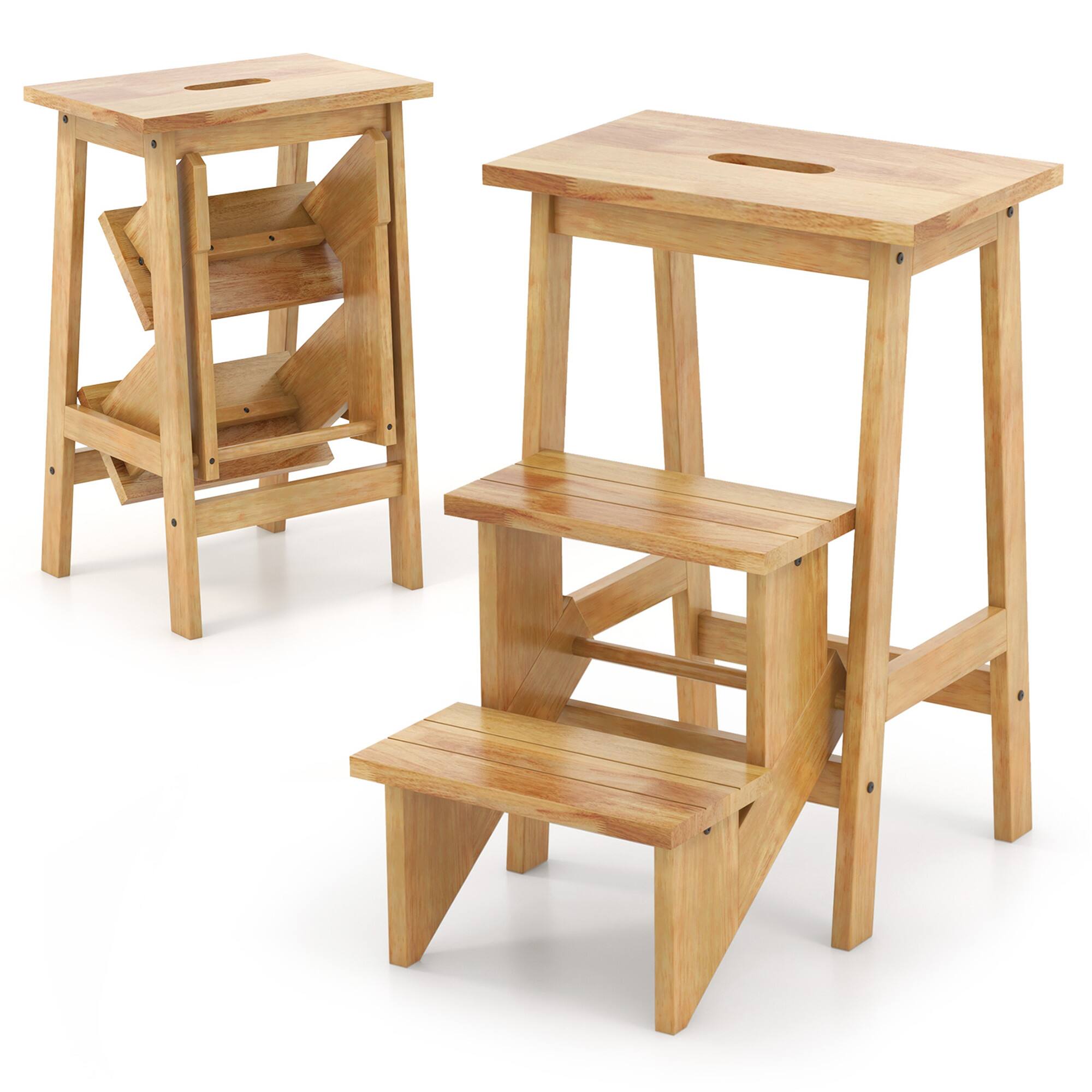Front. Gymax - Gymax Multi-function 3 Tier Step Stool 3 in 1 Folding Ladder 24'' Storage Shelf Coffee - Natural.