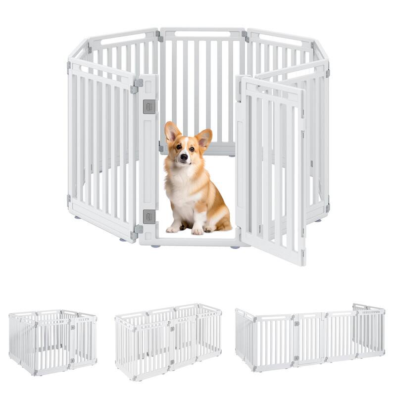 Left. WELLFOR - 31.5" Height Pet Playpen with Lockable Door and Non- Slip Bottom, Plastic Dog Fence for Small to Medium Pets,8 Panels - White.