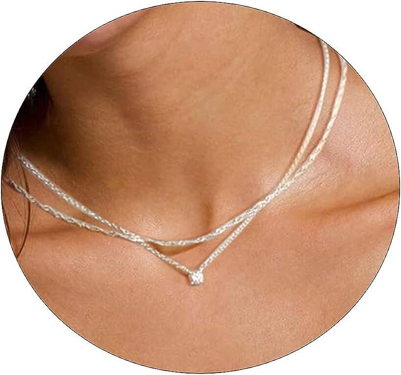 Front. Live At Space - 14K Gold Plated Necklace, Dainty CZ Solitaire Pendant Choker, Minimalist Cubic Zirconia Jewelry Gift for Women - CAROVO Gold Necklace for Women,Dainty Necklaces.