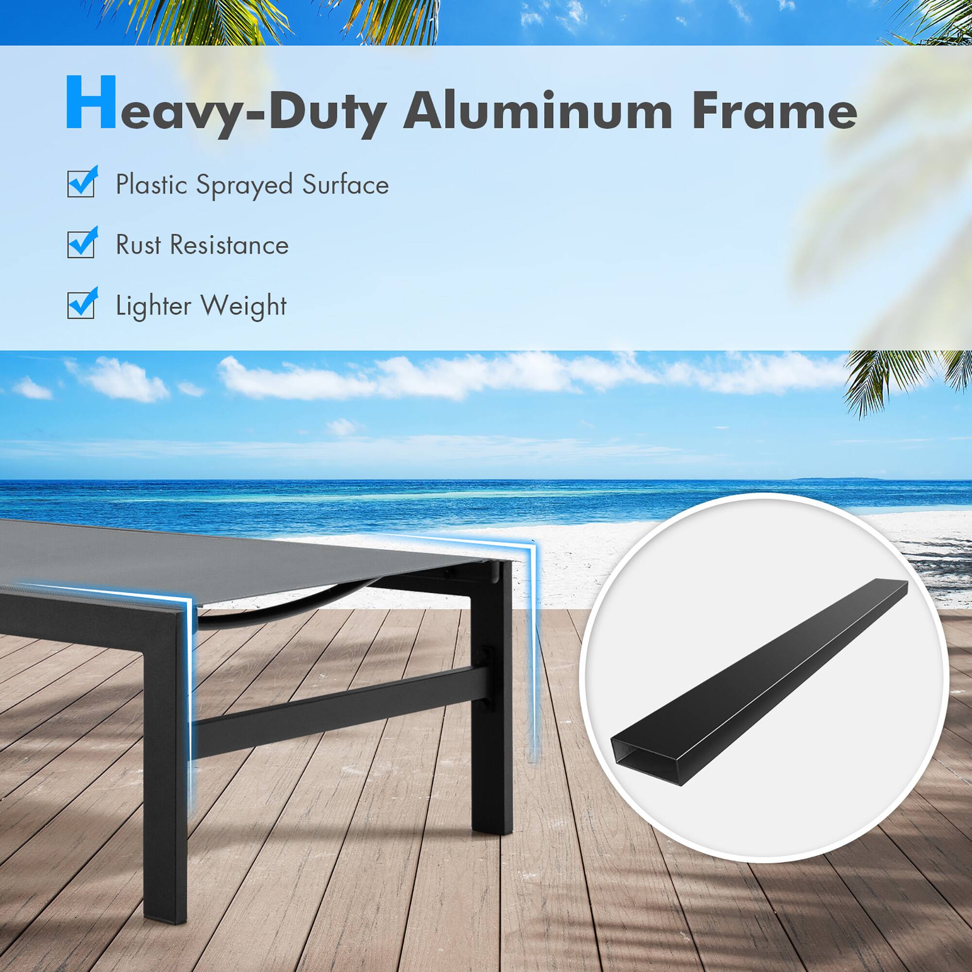 Heavy-Duty Aluminum Frame  
- Plastic Sprayed Surface  
- Rust Resistance  
- Lighter Weight