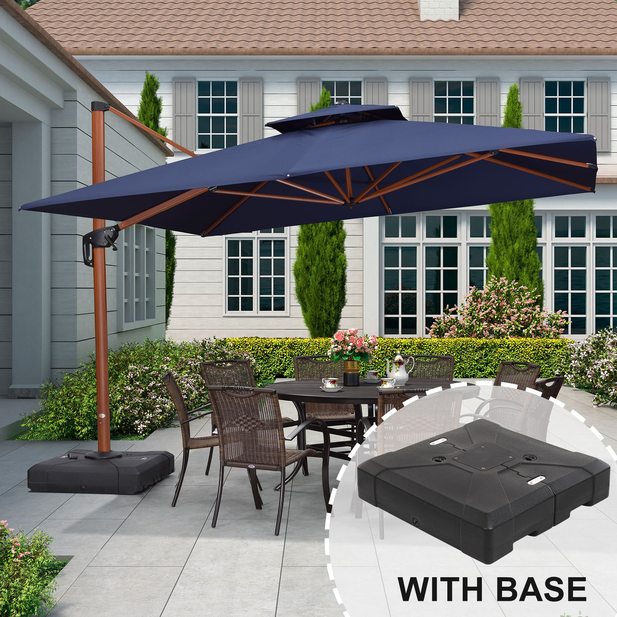 PURPLE LEAF - 11 ft. Patio Square Outdoor Large Cantilever Umbrella Windproof Offset Heavy Duty Sun Umbrella with Base for Garden - Navy Blue