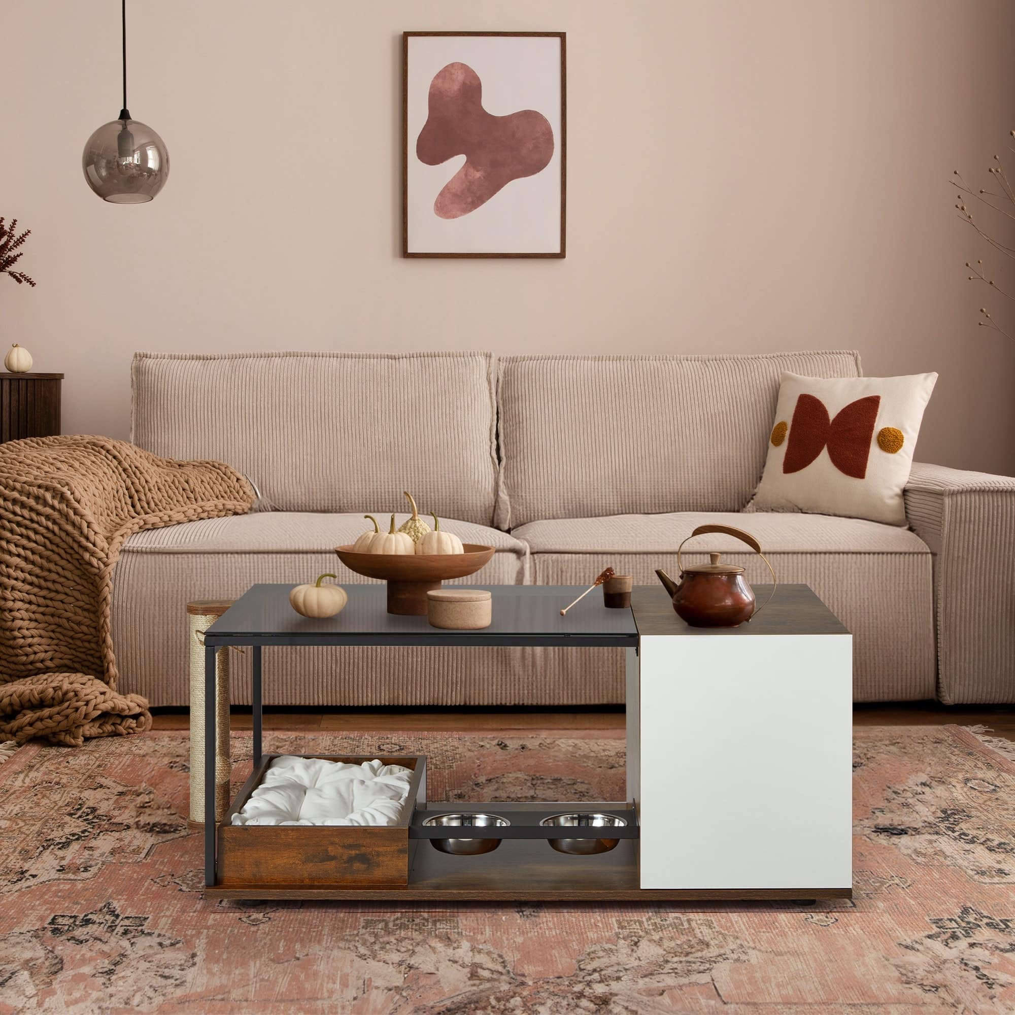 Photos - Feeder / Bowl CATerpillar U-HOMY - Cat Coffee Table with Feeding Station, Scratching Post, Storage Cabinets & Cat Condos for Living Room - White 