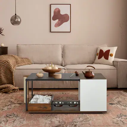 Front. U-HOMY - Cat Coffee Table with Feeding Station, Scratching Post, Storage Cabinets & Cat Condos for Living Room - White.