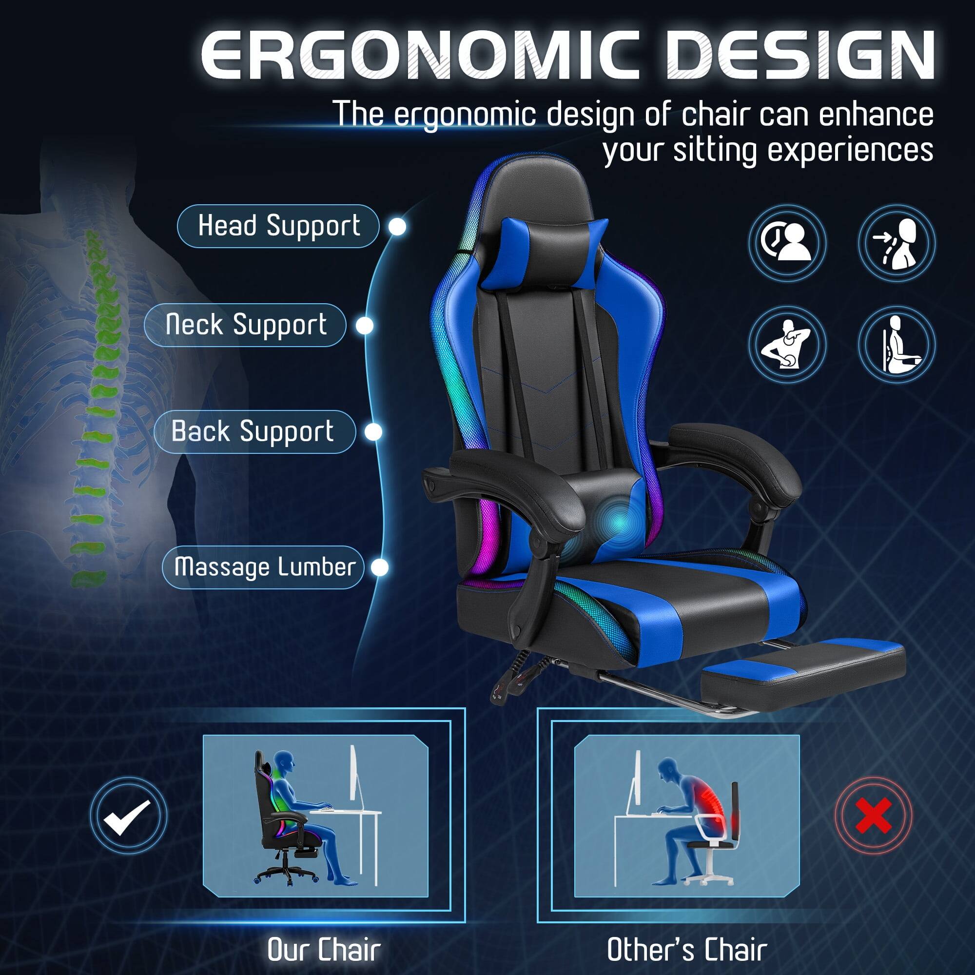 ERGONOMIC DESIGN  
The ergonomic design of chair can enhance your sitting experiences

- Head Support
- Neck Support
- Back Support
- Massage Lumber

Our Chair  
Other's Chair