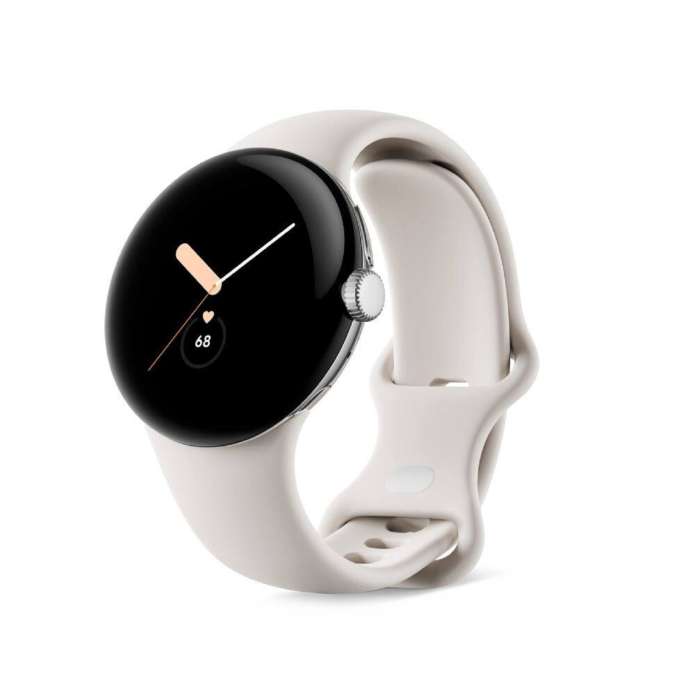 Front. Google - Pixel Watch 1st Gen - Polished Silver Stainless Steel, Chalk Active Band, LTE - Silver/Chalk.