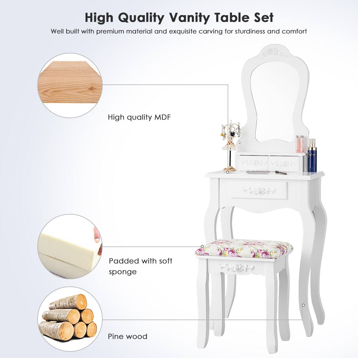 High Quality Vanity Table Set  
Well built with premium material and exquisite carving for sturdiness and comfort  

- High quality MDF  
- Padded with soft sponge  
- Pine wood