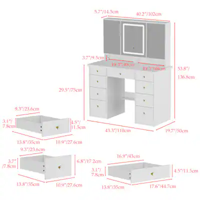 modern dressing table dimensions Mid Century Vanity Set, 6 Drawers With Jewelry Organizer + Detachable 20" Side Cabinet, in Natural Color