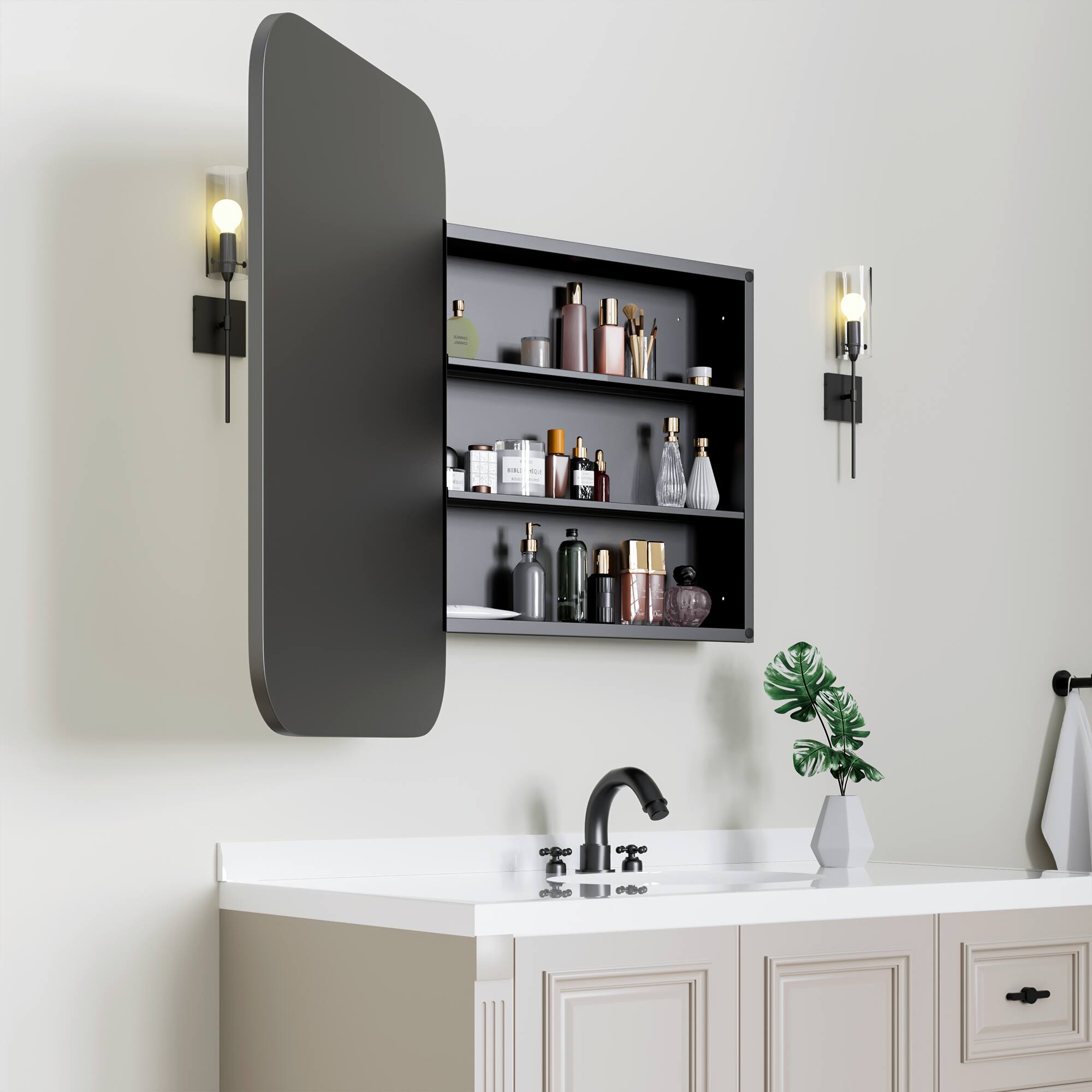 Alt View 4. PexFix - 24" x 36" Rectangular Mirror Medicine Cabinet - Metal Frame, Recessed or Surface Mount for for Bathroom Storage - Black.