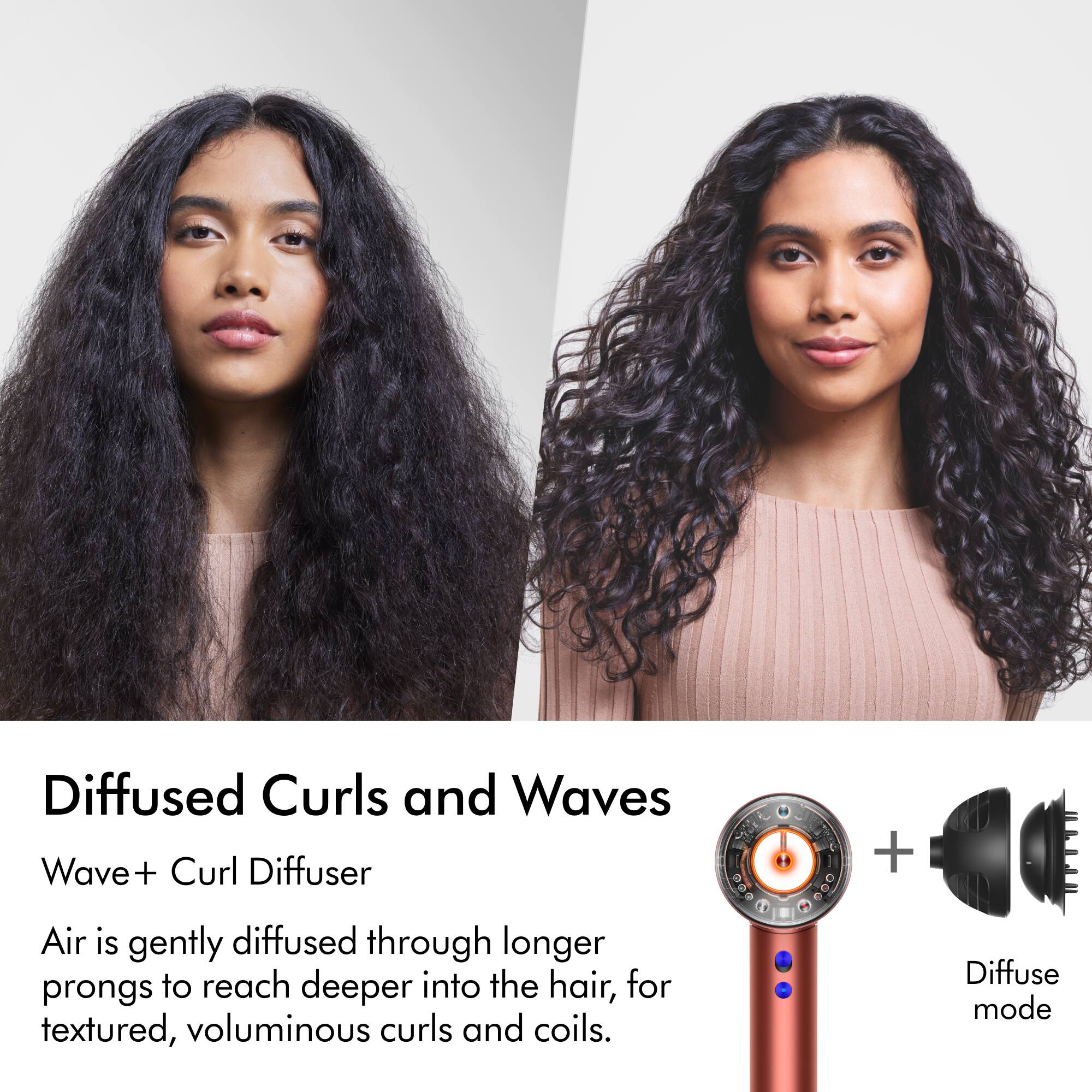 Diffused Curls and Waves Wave+ + Curl Diffuser Air is gently diffused through longer prongs to reach deeper into the hair, for textured, voluminous curls and coils. + Diffuse mode
