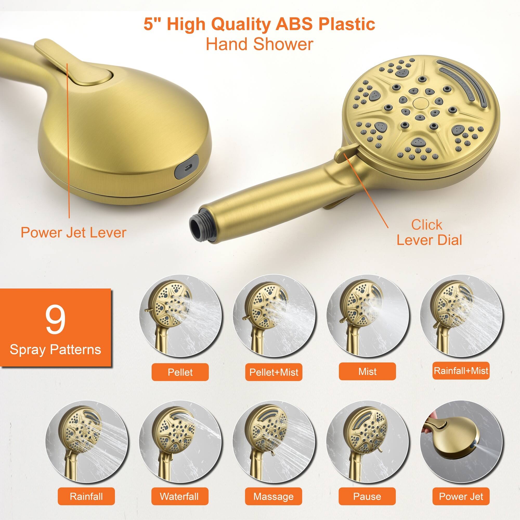 5" High Quality ABS Plastic Hand Shower - Power Jet Lever Click Lever Dial 9 Spray Patterns Pellet Pellet+Mist Mist Rainfall+Mist Mist Rainfall Waterfall Massage Pause Power Jet